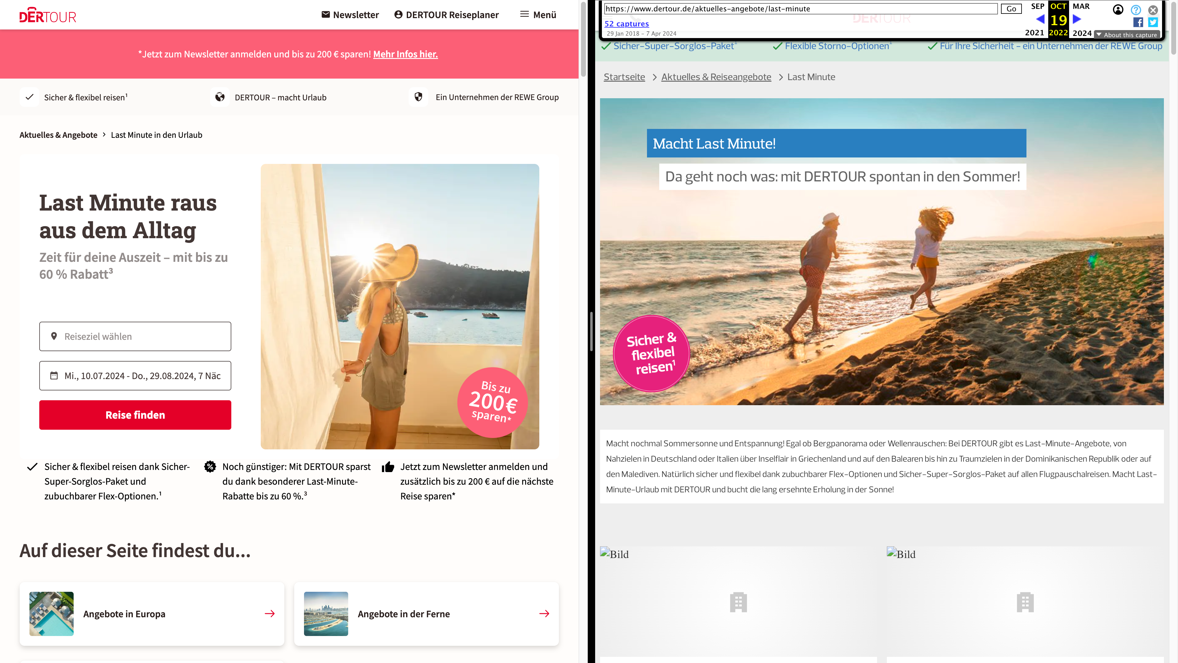 Vergleich der Seite dertour.de von heute mit 2022 mithilfe der Wayback-Machine