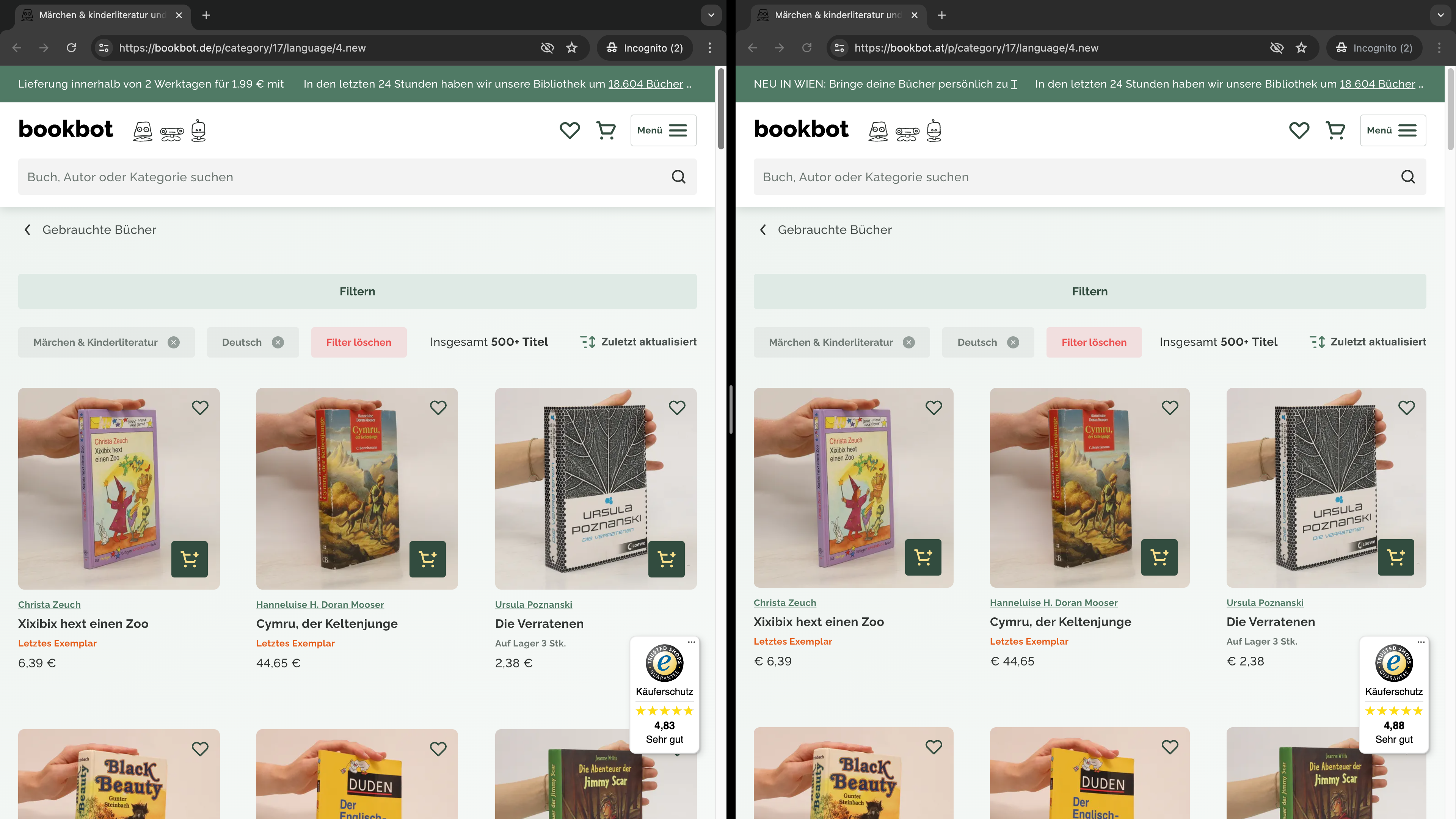 Ansicht der beiden gleich aufgebauten Seiten bookbot.de und bookbot.at 