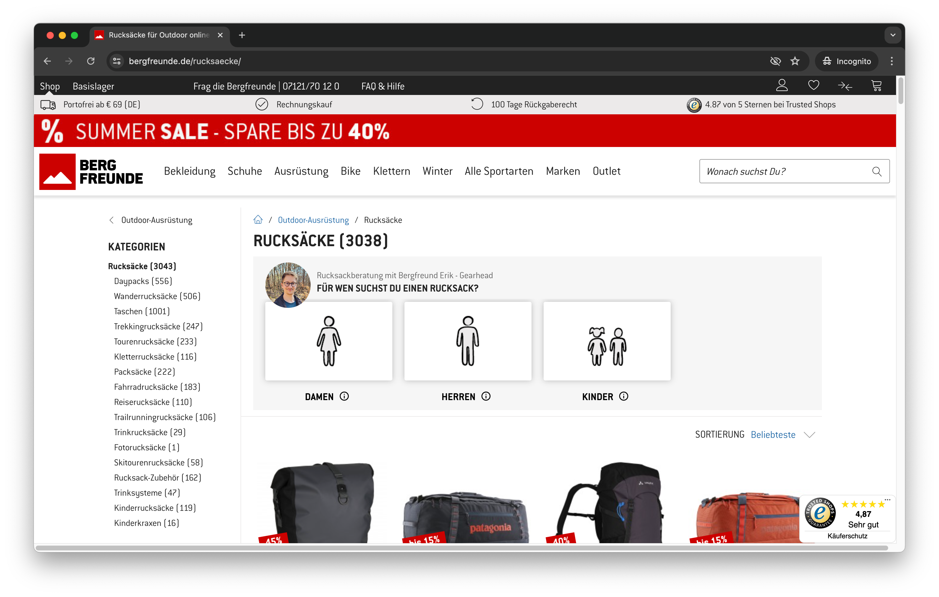 Landing Page Rucksäcke bei bergfreunde.de