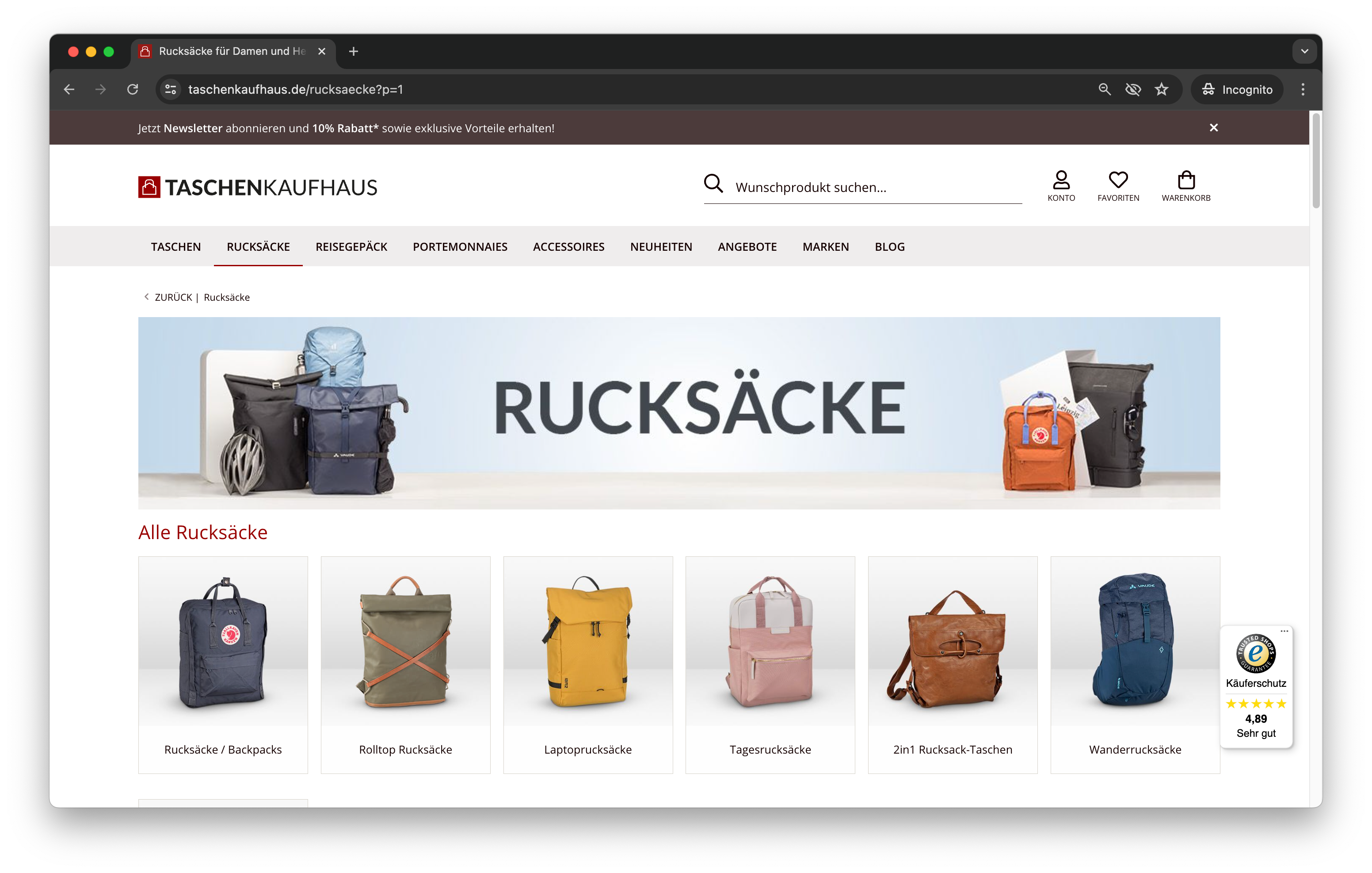 Landing Page Rucksäcke bei taschenkaufhaus.de