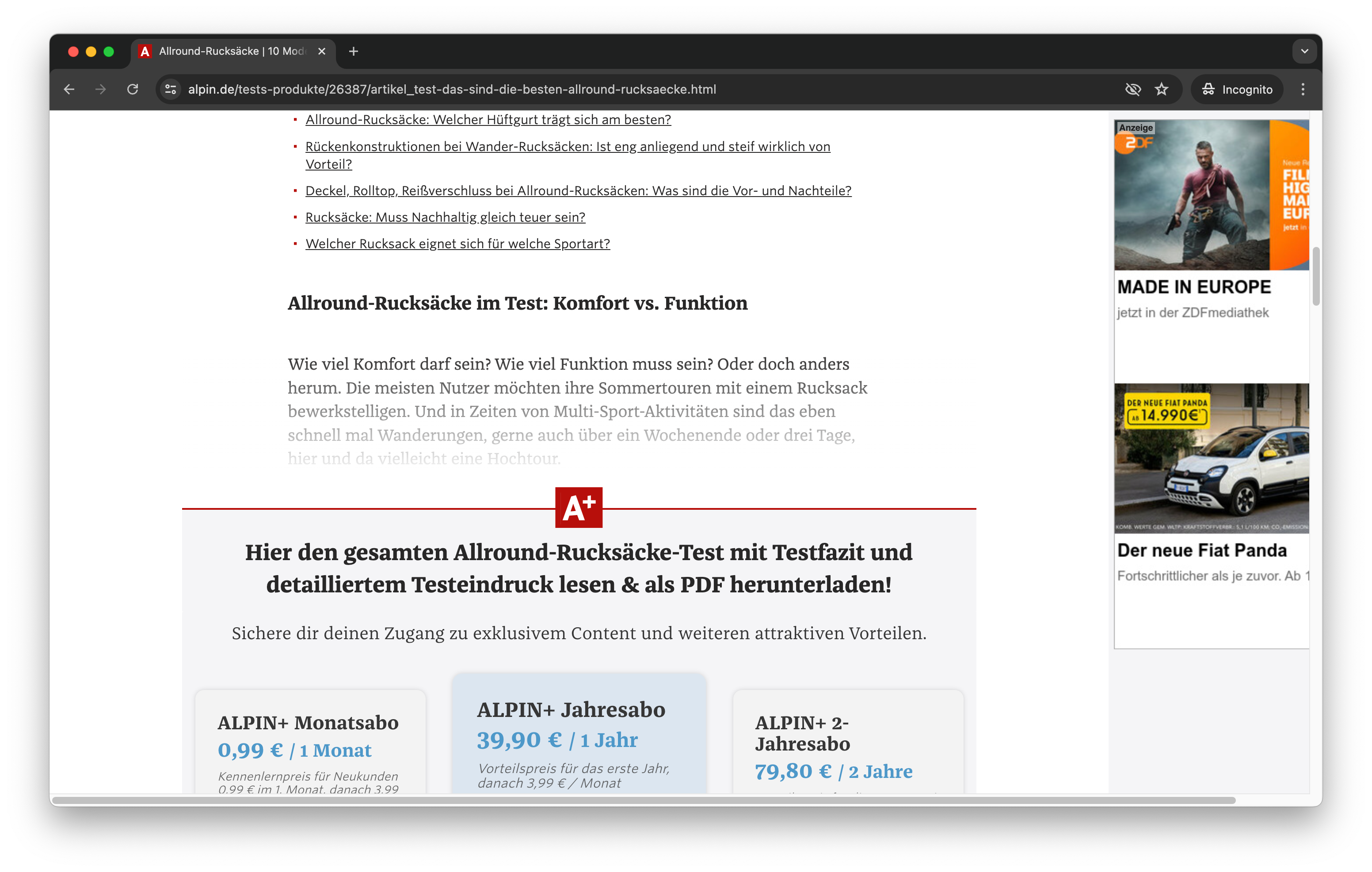 Screenshot des Rucksack-Test-Artikels von alpin.de