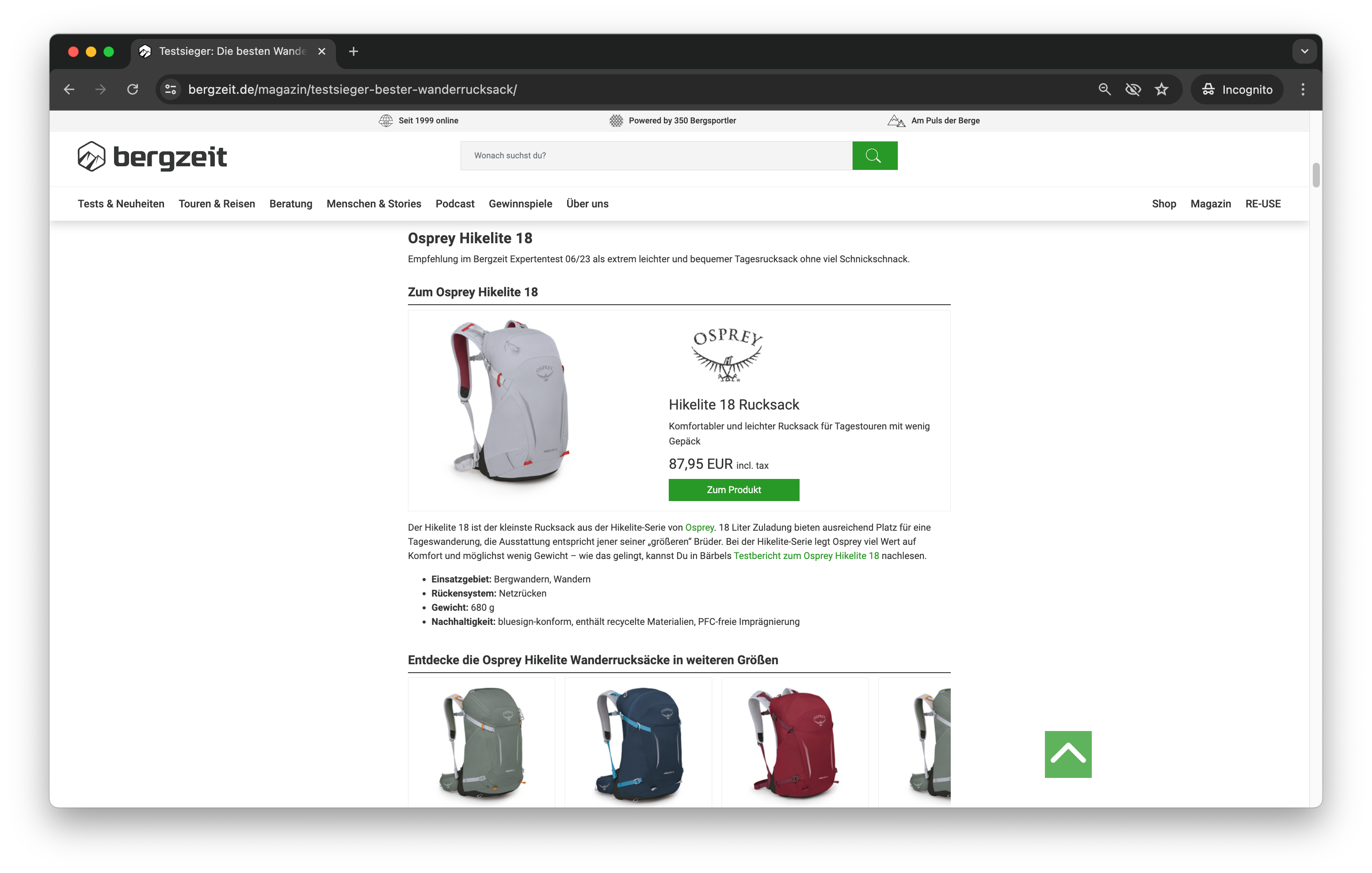 Screenshot des Rucksack-Test-Artikels von bergzeit.de