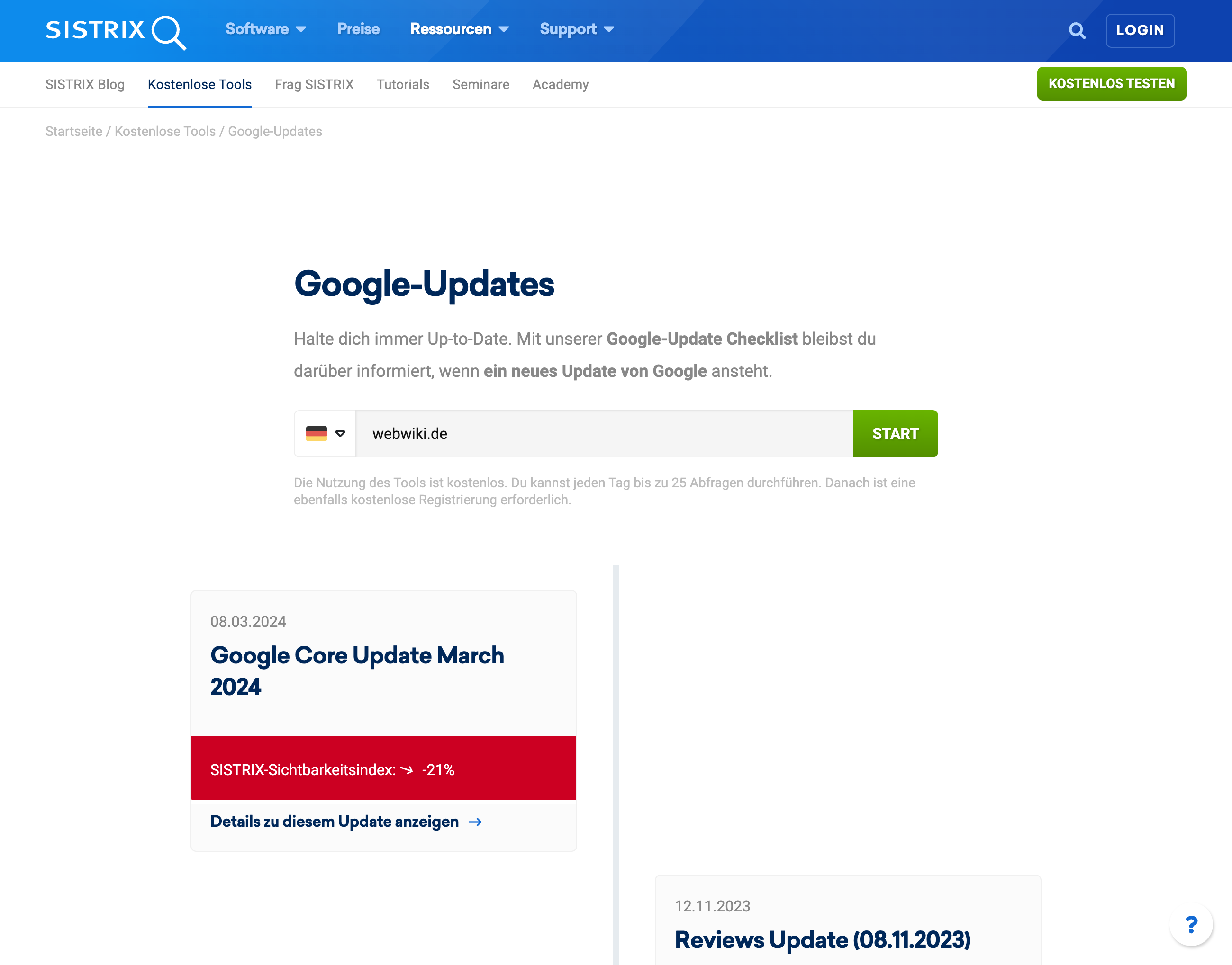 SISTRIX Google Update-Checker zeigt bei webwiki.de ein Minus von 21 Prozent