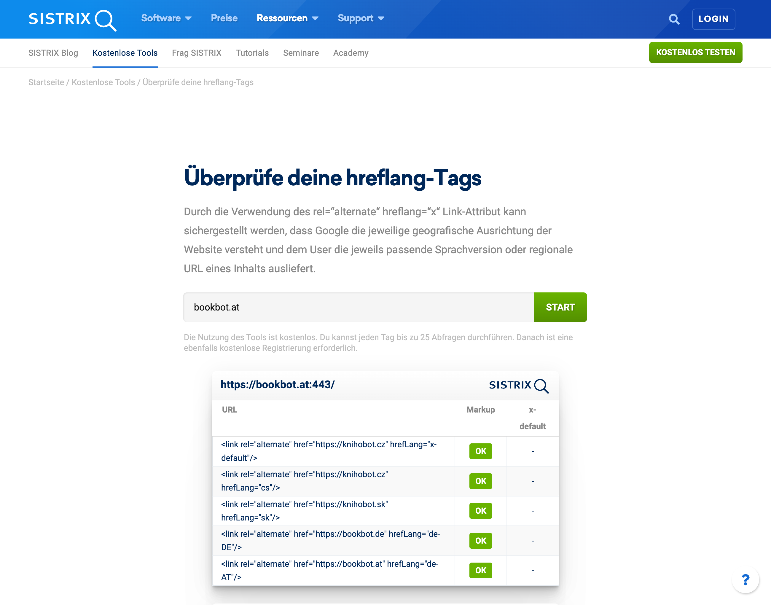 Überprüfung der hreflang-Tags der Domain bookbot.at im kostenlosen Tool von SISTRIX