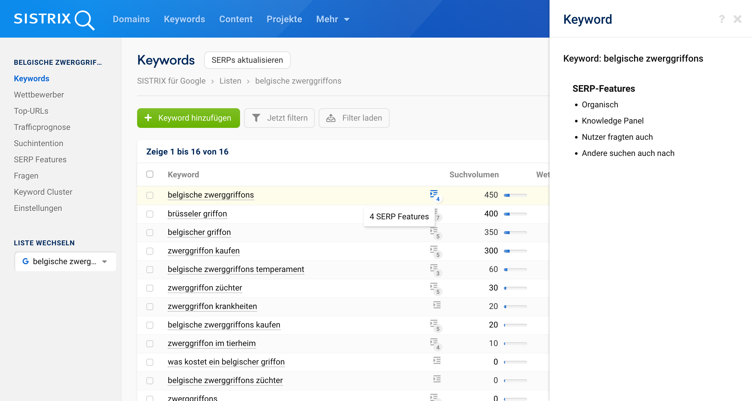 SERP-Features des Keywords belgische zwerggriffons in einer Keywordliste in SISTRIX