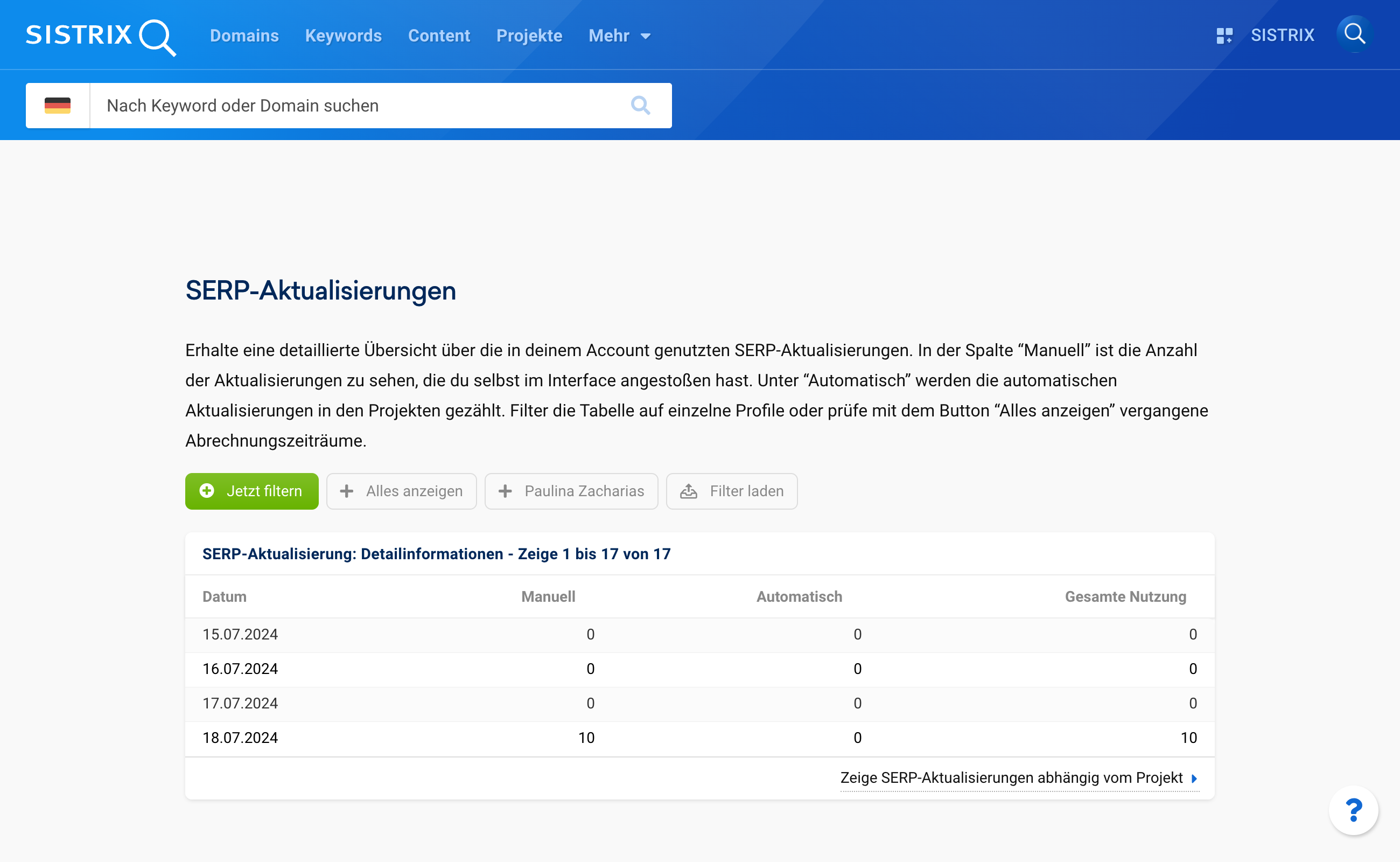 Tabelle mit Übersicht über SERP-Aktualisierungen in SISTRIX