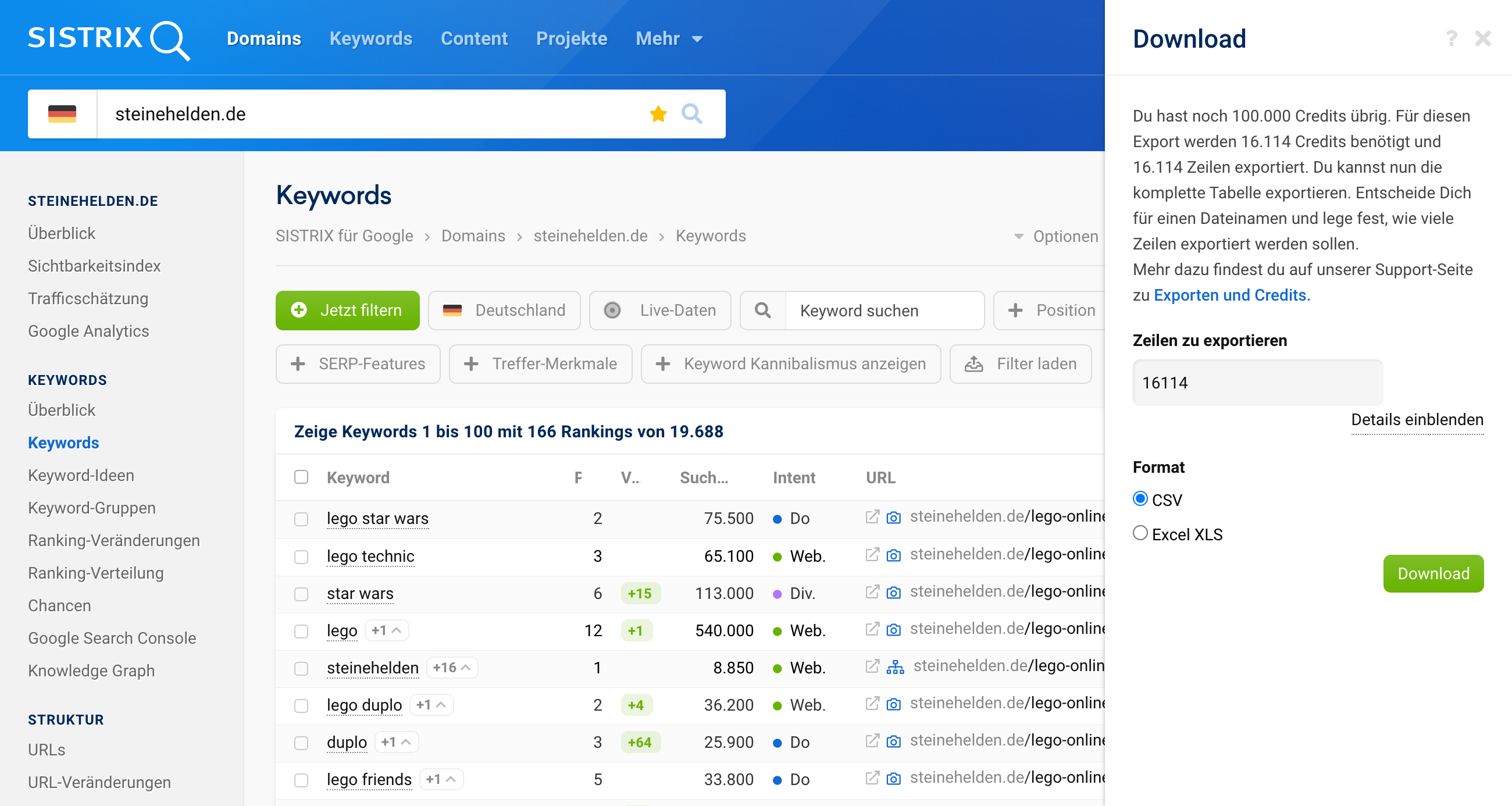 Download einer Tabelle in SISTRIX