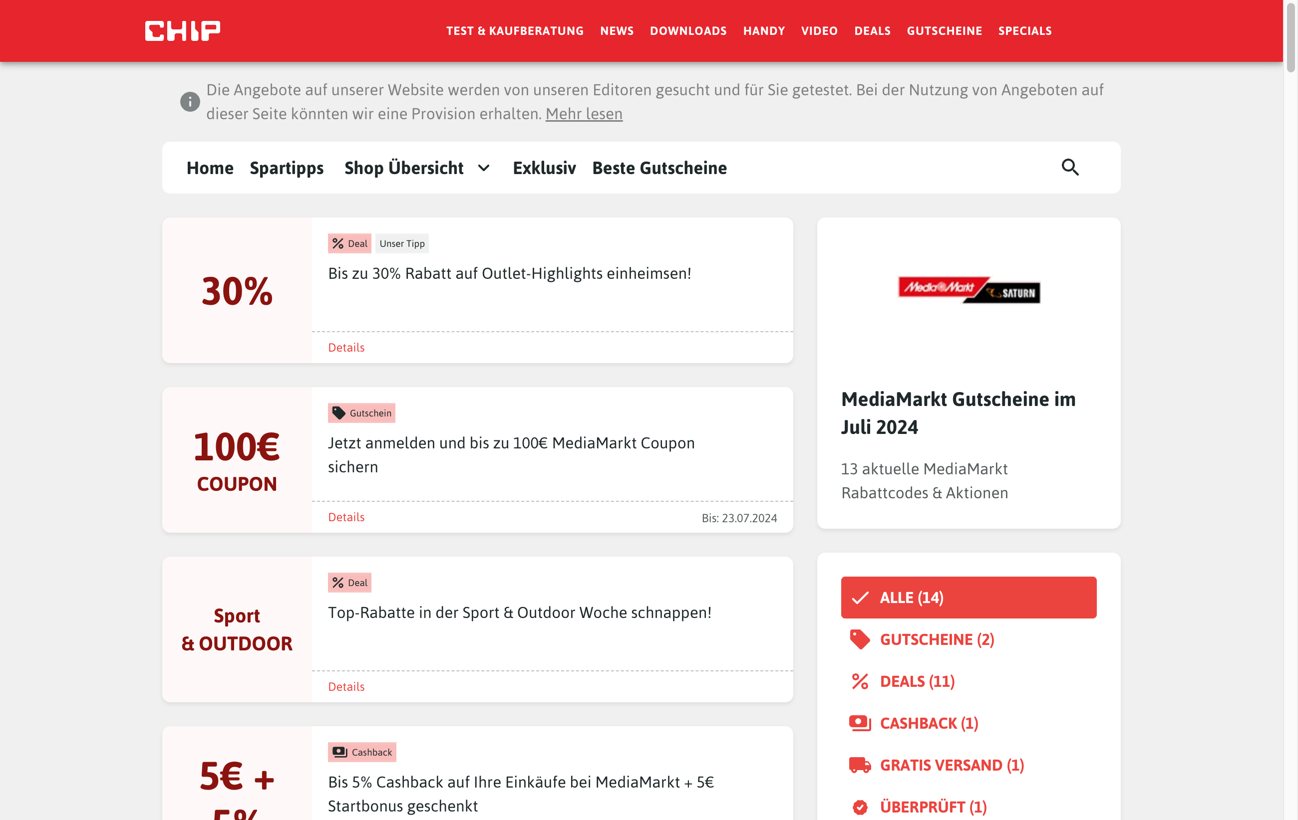 Eine Seite mit Rabattcodes auf chip.de