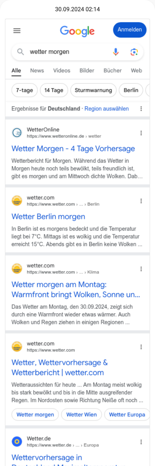 Die Google-Suche "wetter morgen" am 30.09.2024 zeigt Wettervorhersagen von "WetterOnline" und "wetter.com" für verschiedene Regionen, darunter Berlin.