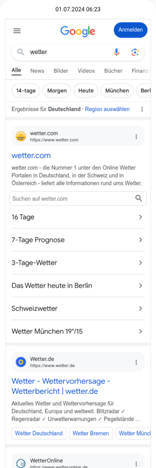 Die Google-Suche nach "wetter" am 01.07.2024 liefert Ergebnisse von "wetter.com", "wetter.de" und "WetterOnline" mit Vorhersagen für verschiedene Städte und Zeiträume.