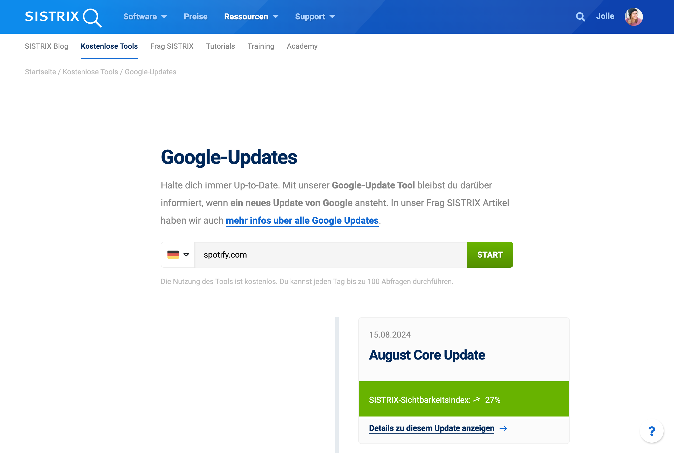 
SISTRIX-Screenshot: Google-Updates-Tool für spotify.com zeigt ein August Core Update am 15. August 2024 mit einem Sichtbarkeitsanstieg von 27 %.