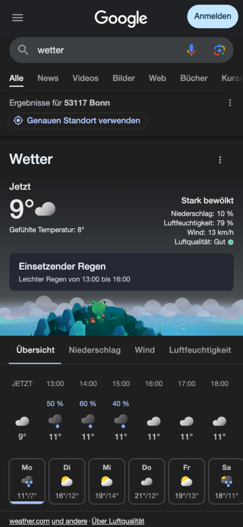 Google-Wetteranzeige für Bonn: Aktuelle Temperatur 9°C, stark bewölkt, leichter Regen erwartet.