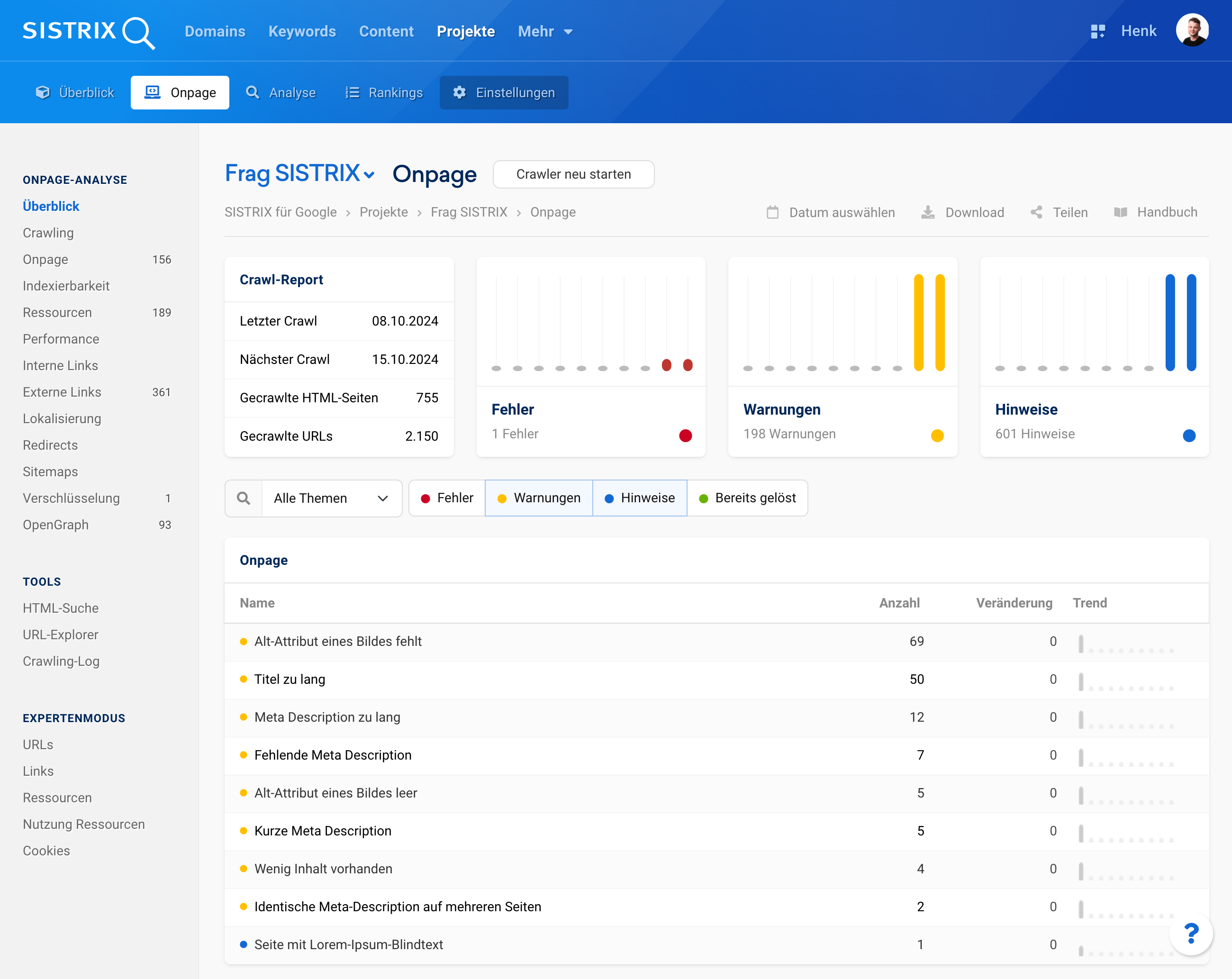 Onpage-Analyse zeigt 1 Fehler, 198 Warnungen und 601 Hinweise. Hauptprobleme: fehlende Alt-Attribute bei Bildern, lange Meta-Descriptions, doppelte Meta-Descriptions und Lorem-Ipsum-Inhalte.