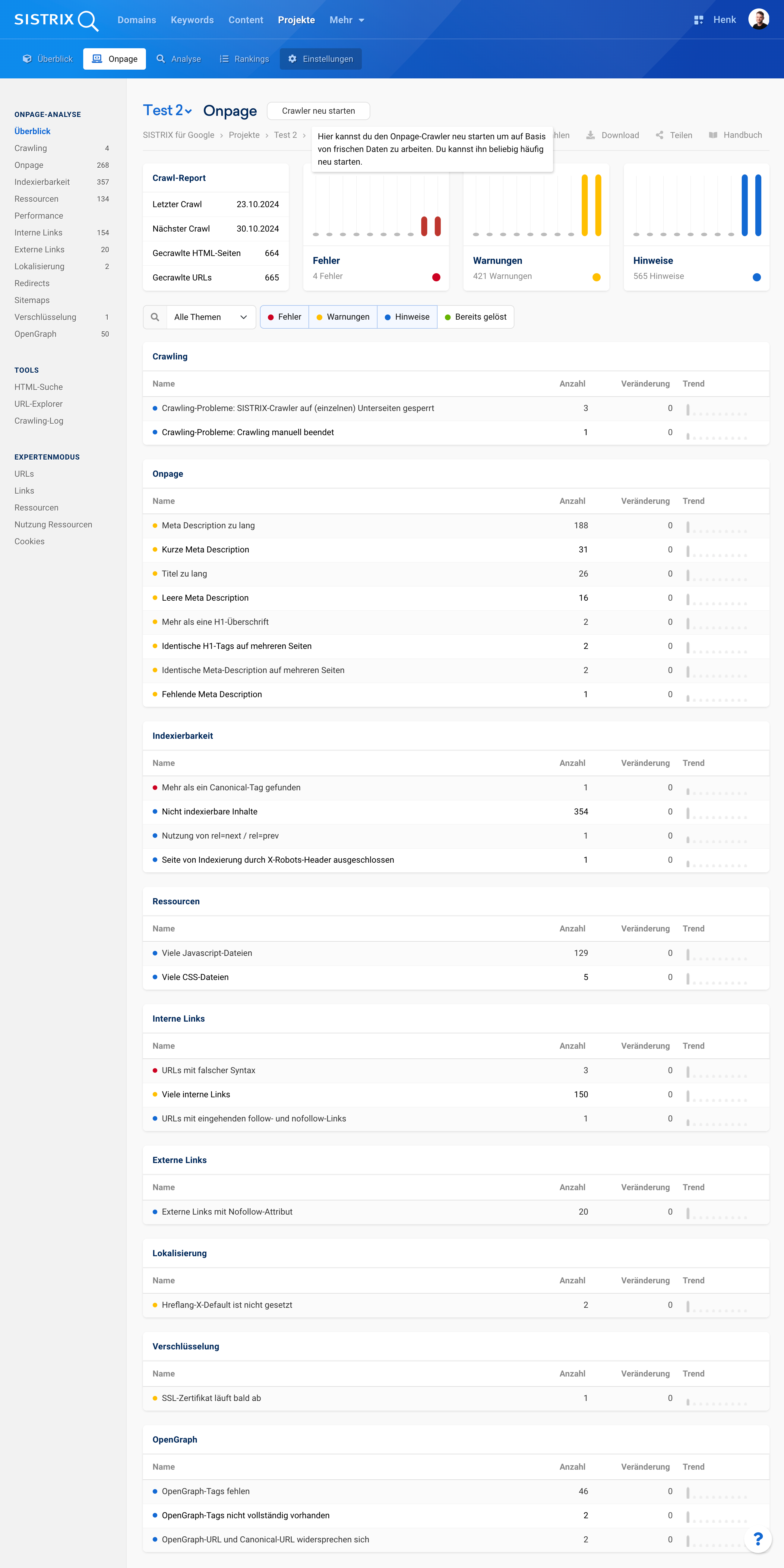 Onpage-Analyse in SISTRIX zeigt Fehler, Warnungen und Hinweise für eine optimierte Website-Performance