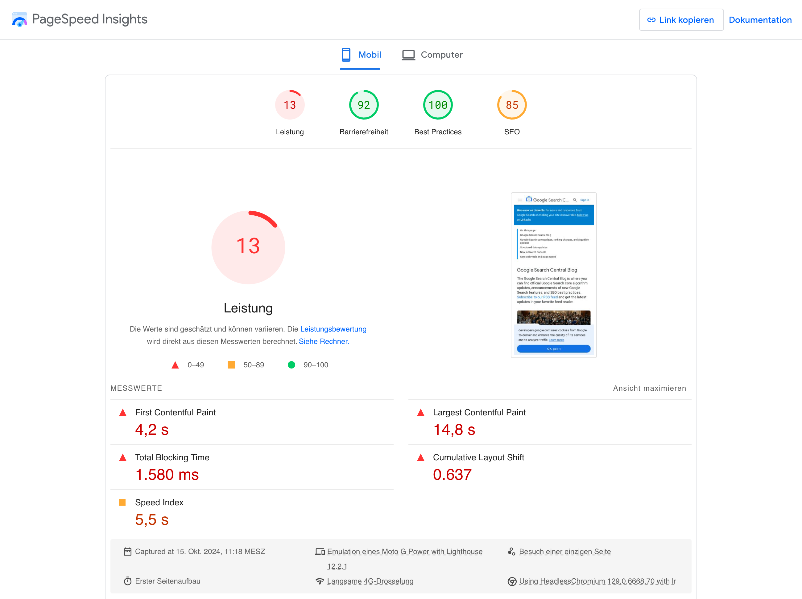 PageSpeed Insights: Mobil, Leistungsscore 13, hohe Ladezeit und Blockierzeit, Verbesserungen erforderlich