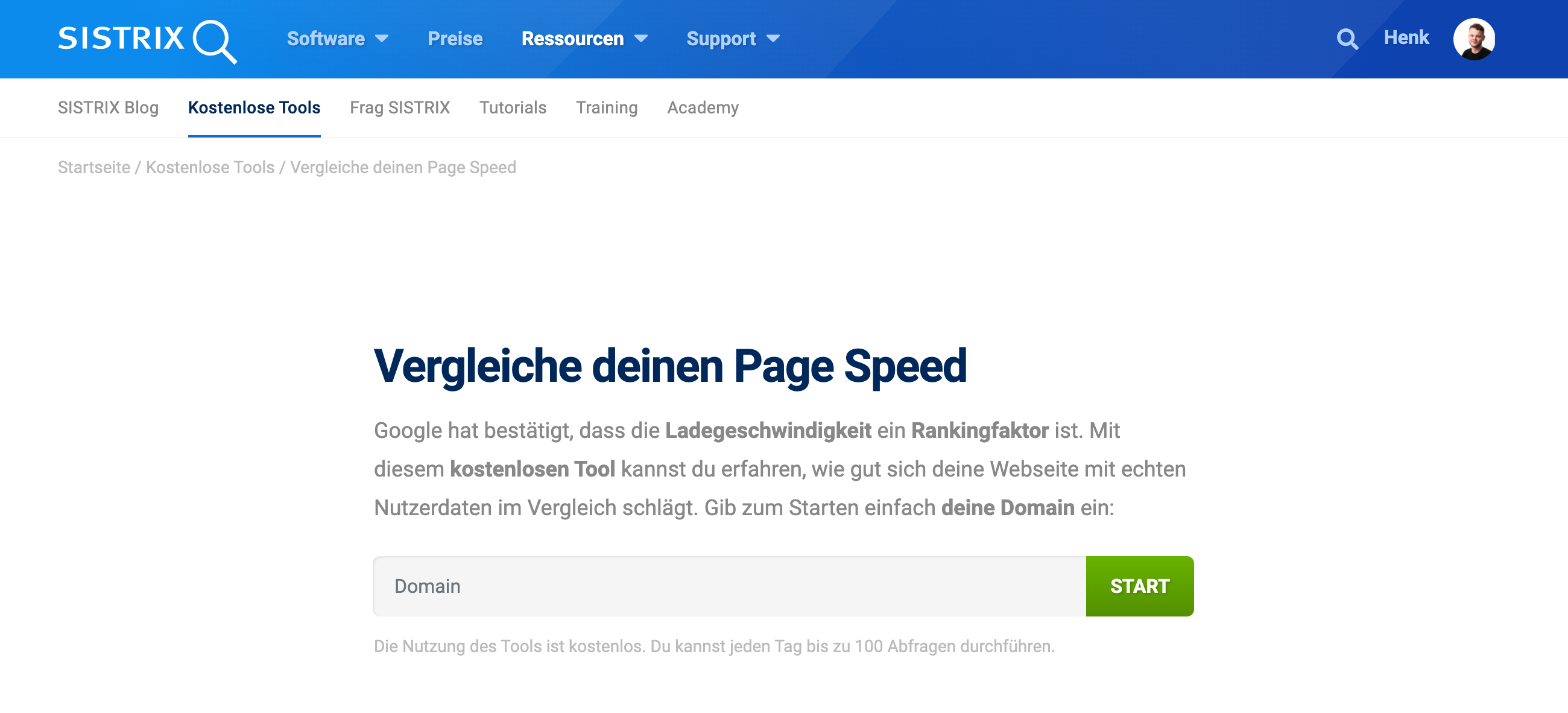 SISTRIX-Tool "Vergleiche deinen Page Speed" mit Eingabefeld für Domain und Start-Button.