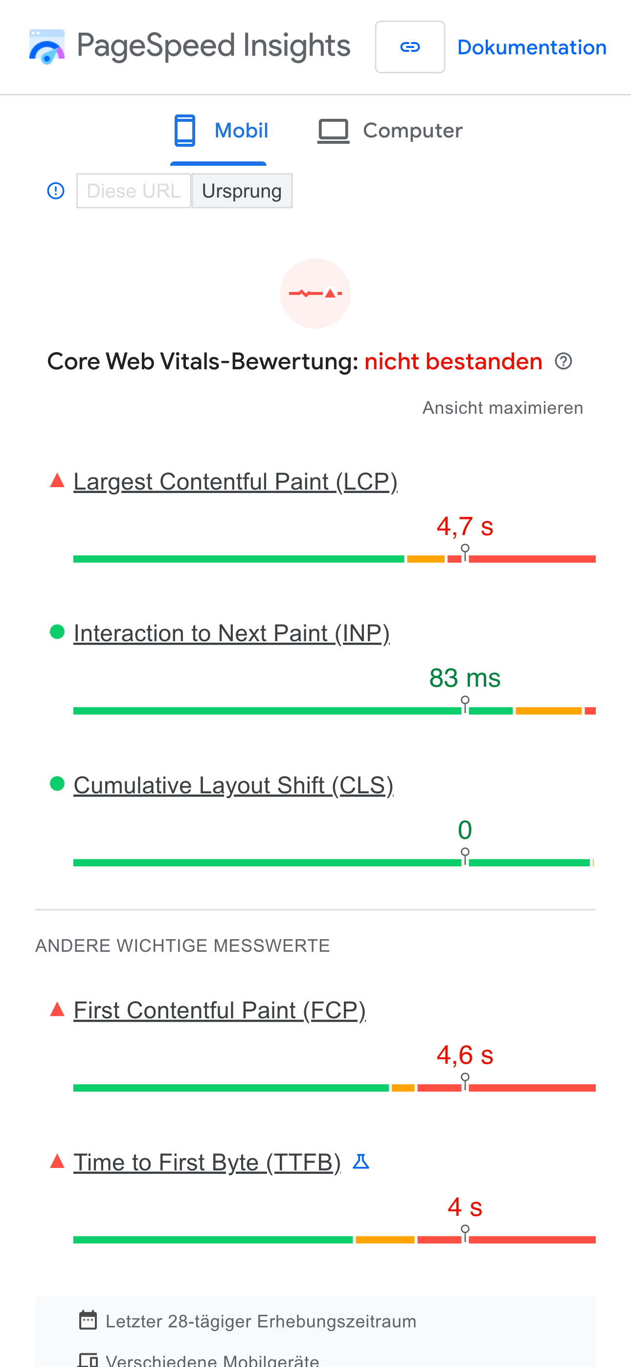 PageSpeed Insights Mobile-Ansicht zeigt eine Leistung von 13, was auf Verbesserungsbedarf bei Ladezeiten hinweist. Largest Contentful Paint (LCP) liegt bei 14,8 Sekunden, was für Nutzer frustrierend sein kann.