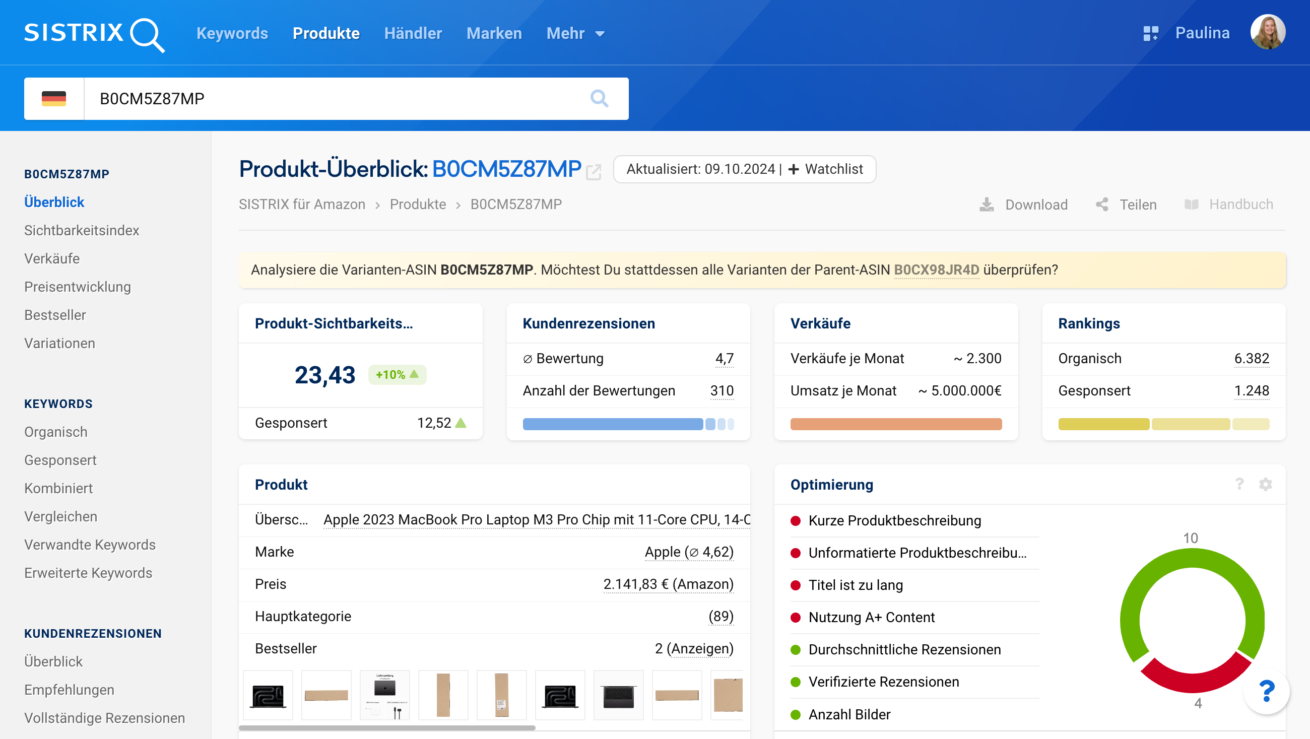 SISTRIX-Toolbox-Screenshot: Übersicht der Produkt-Performance für die ASIN B0CM5Z87MP. 