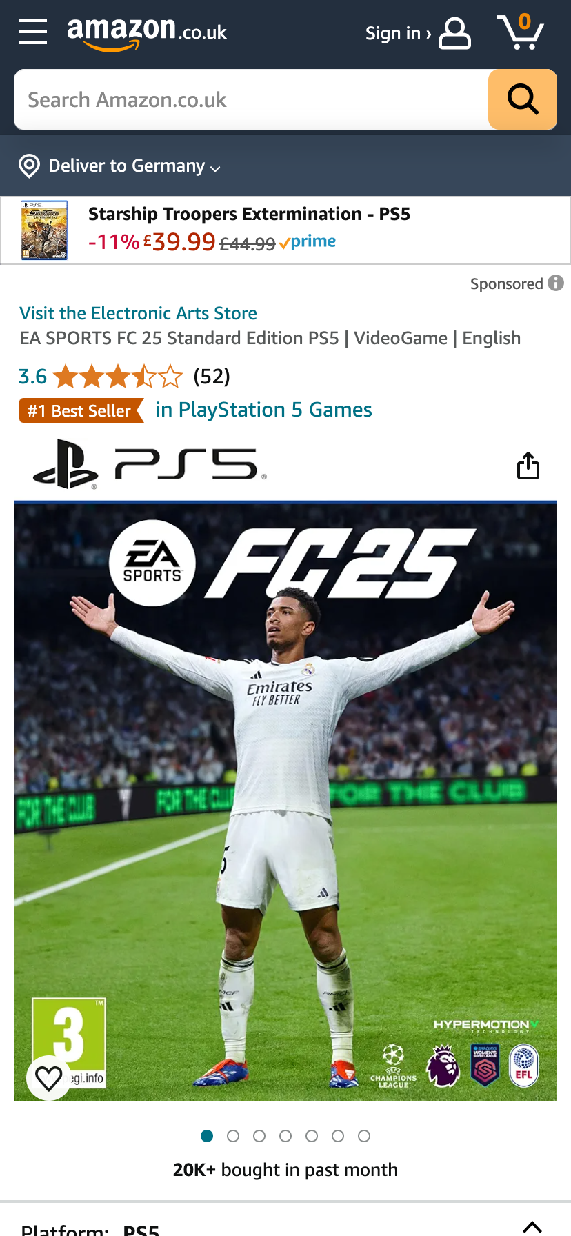 Amazon.co.uk-Anzeige für "EA SPORTS FC 25 Standard Edition" für die PS5. 