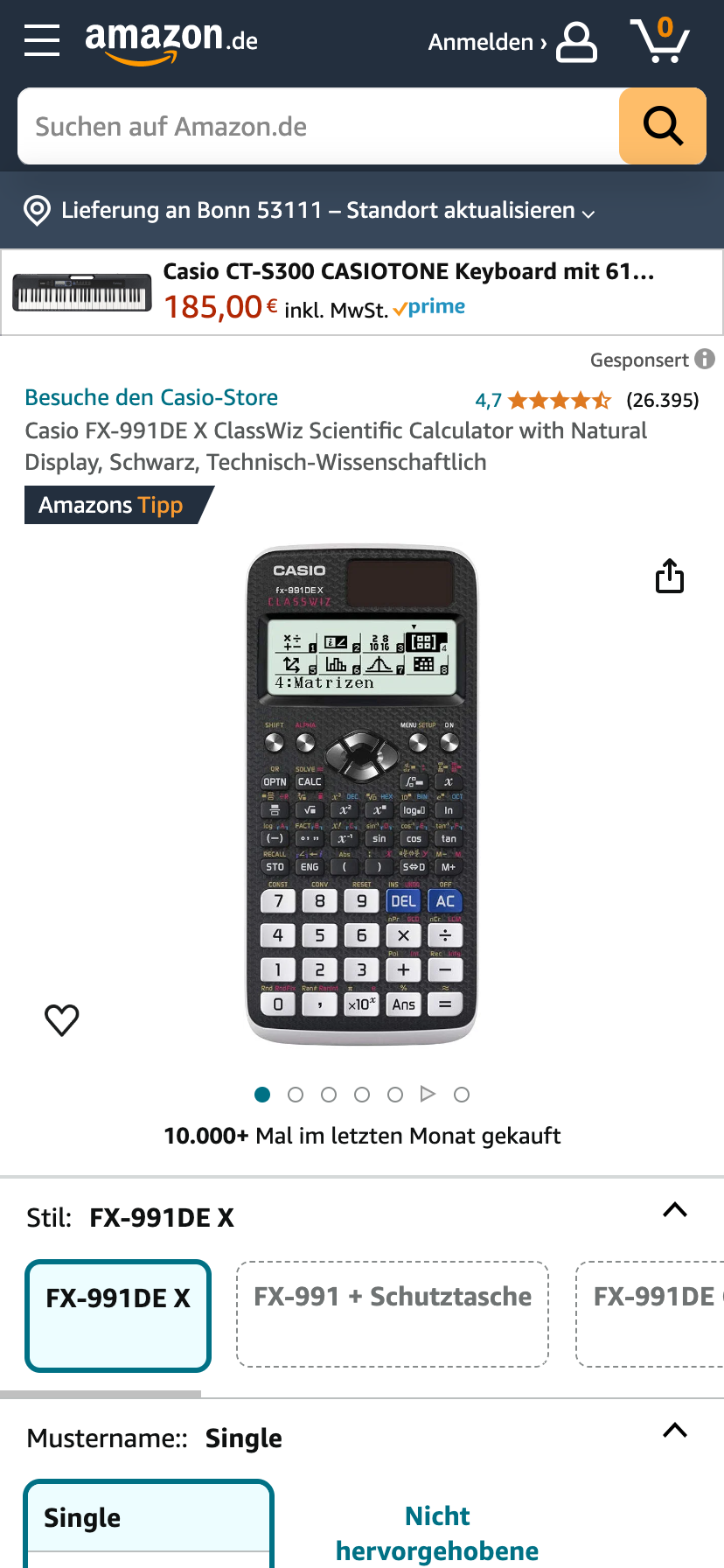 Amazon-Anzeige für den Casio FX-991DE X Taschenrechner. 