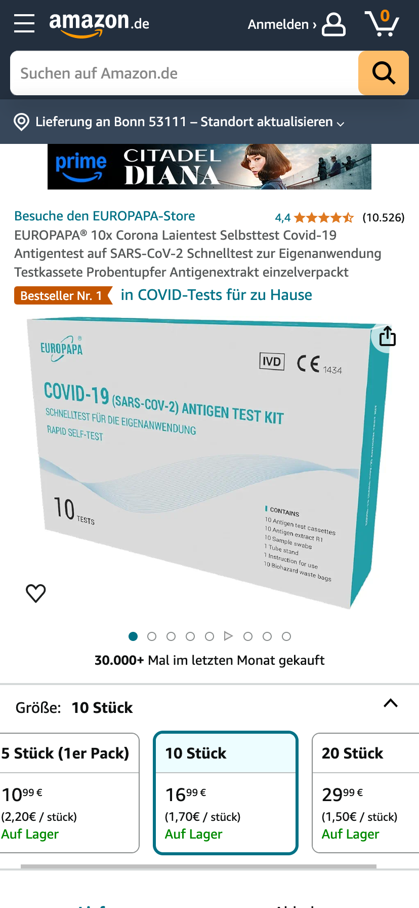 Amazon-Anzeige für ein COVID-19 Antigen-Schnelltest-Kit mit 10 Tests.