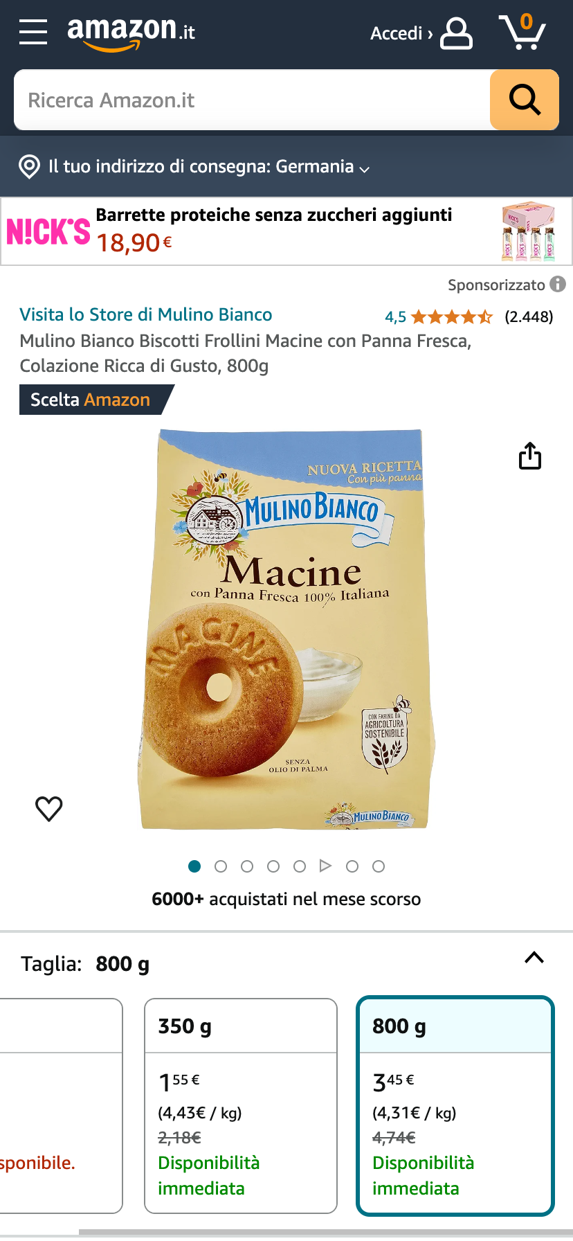 Amazon.it-Anzeige für "Mulino Bianco Biscotti Frollini Macine" mit frischer Sahne, 800 g. 