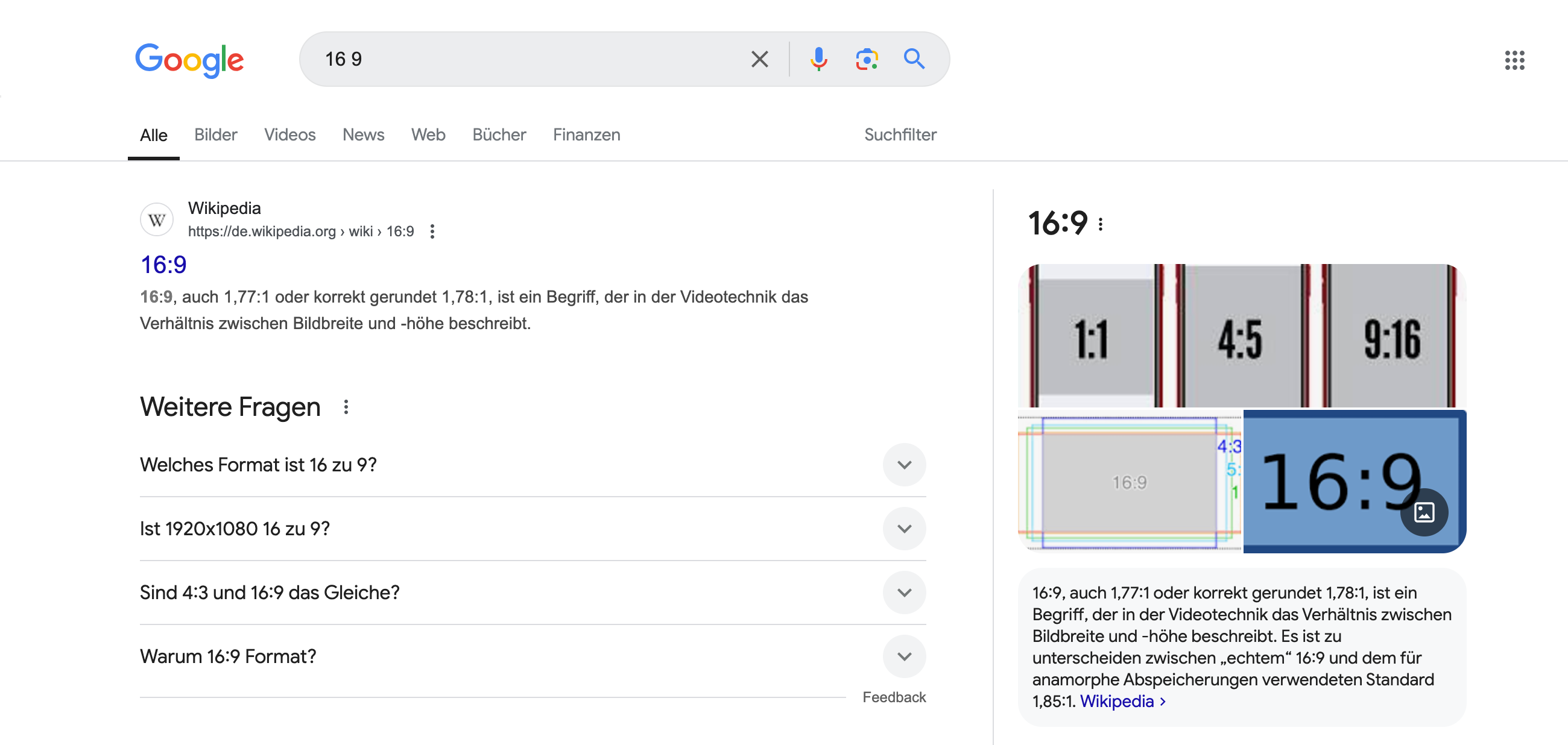 Google-Suchergebnis zu "16:9": Wikipedia definiert es als Seitenverhältnis für Breite und Höhe in der Videotechnik.