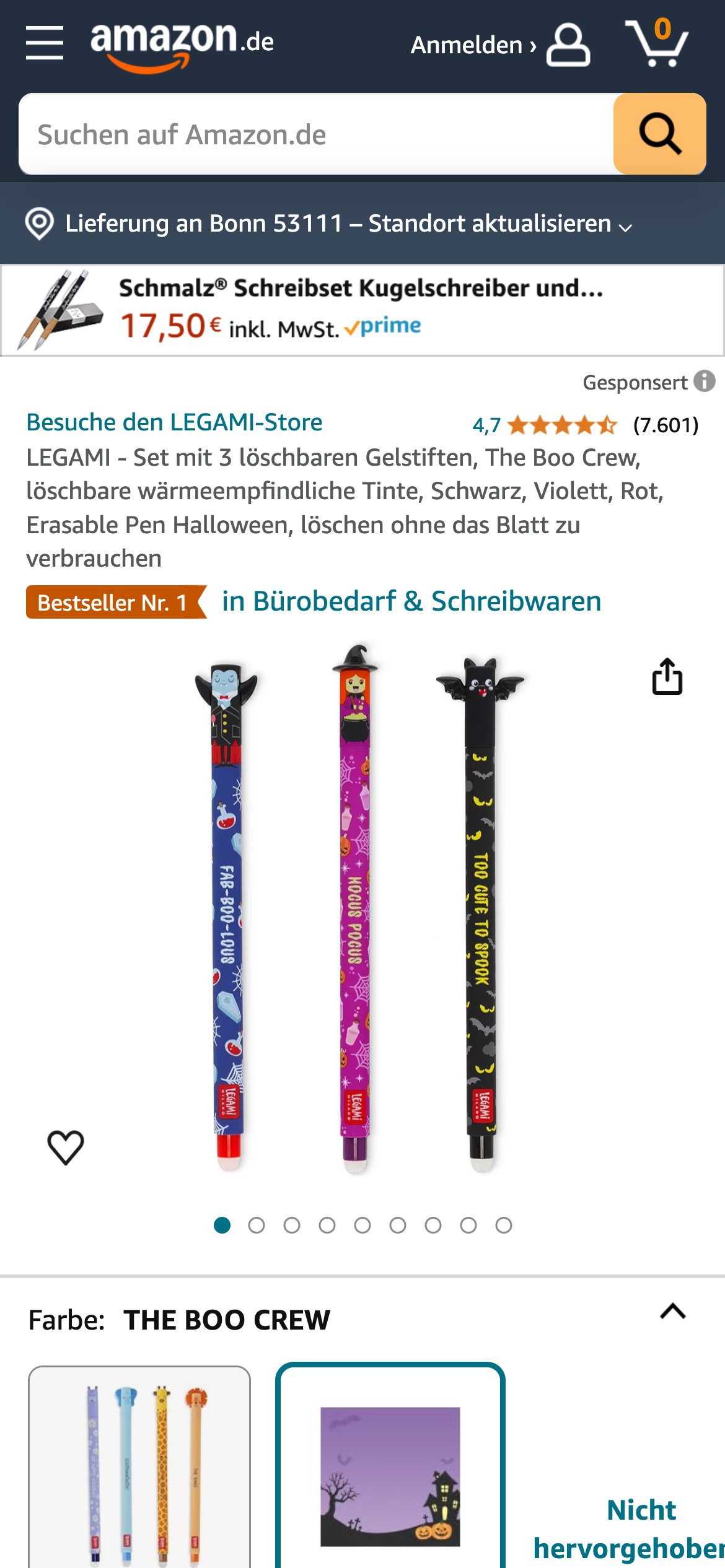 Amazon-Seite für "LEGAMI Set mit 3 löschbaren Gelstiften" im Halloween-Design "The Boo Crew", Bestseller in "Bürobedarf & Schreibwaren"