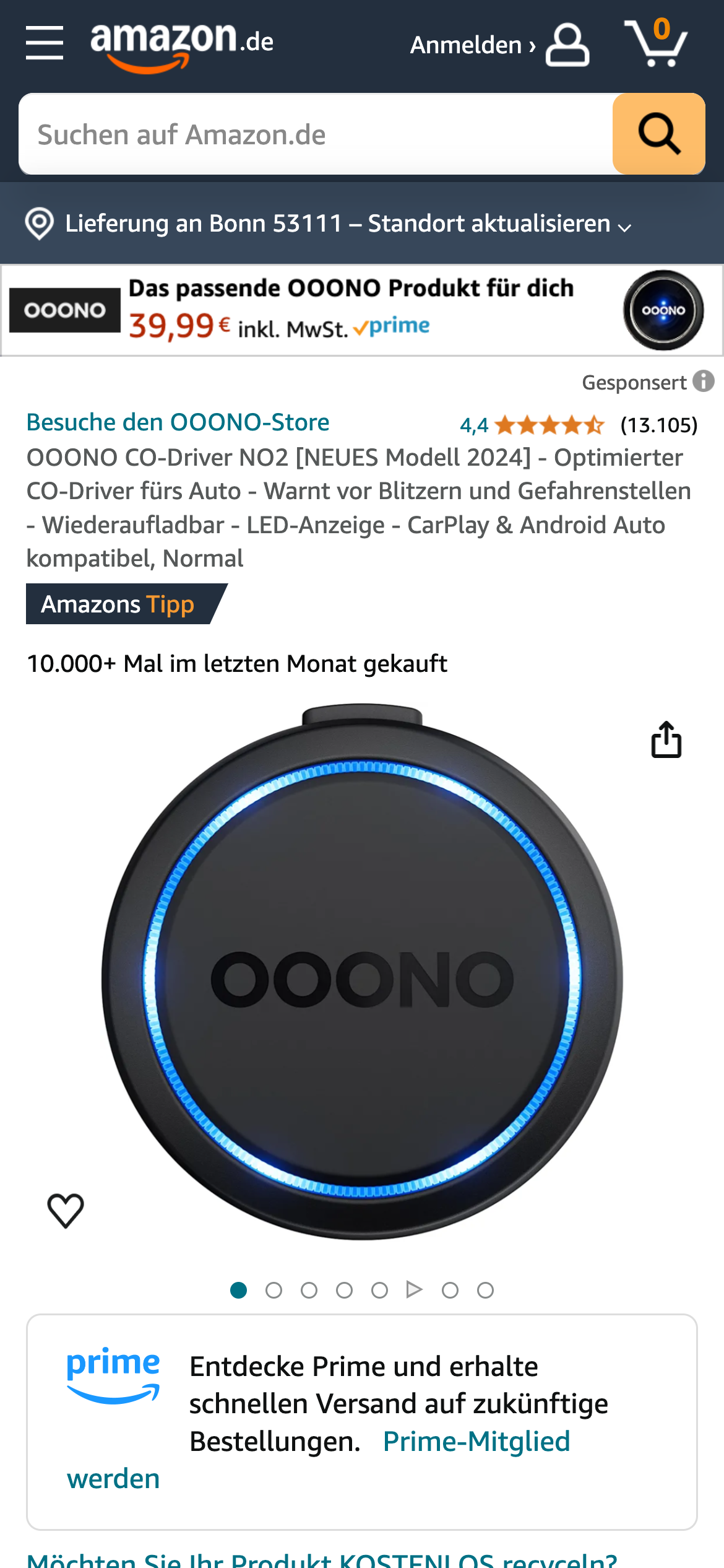 OOONO CO-Driver NO2 - Warnsystem für Blitzer und Gefahrenstellen, mit LED-Anzeige und CarPlay/Android Auto-Kompatibilität