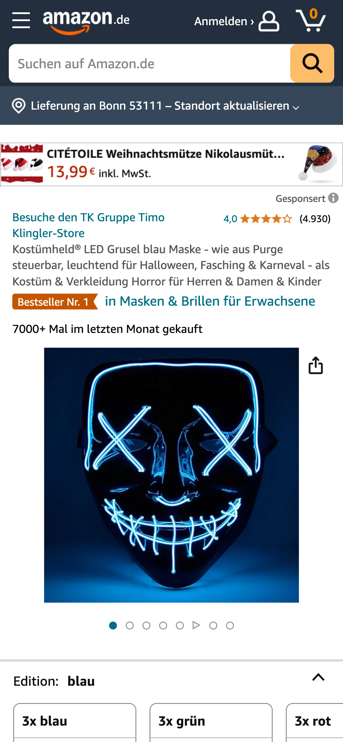 Amazon-Seite für "Kostümheld LED Grusel Maske" in Blau, Bestseller in "Masken & Brillen für Erwachsene