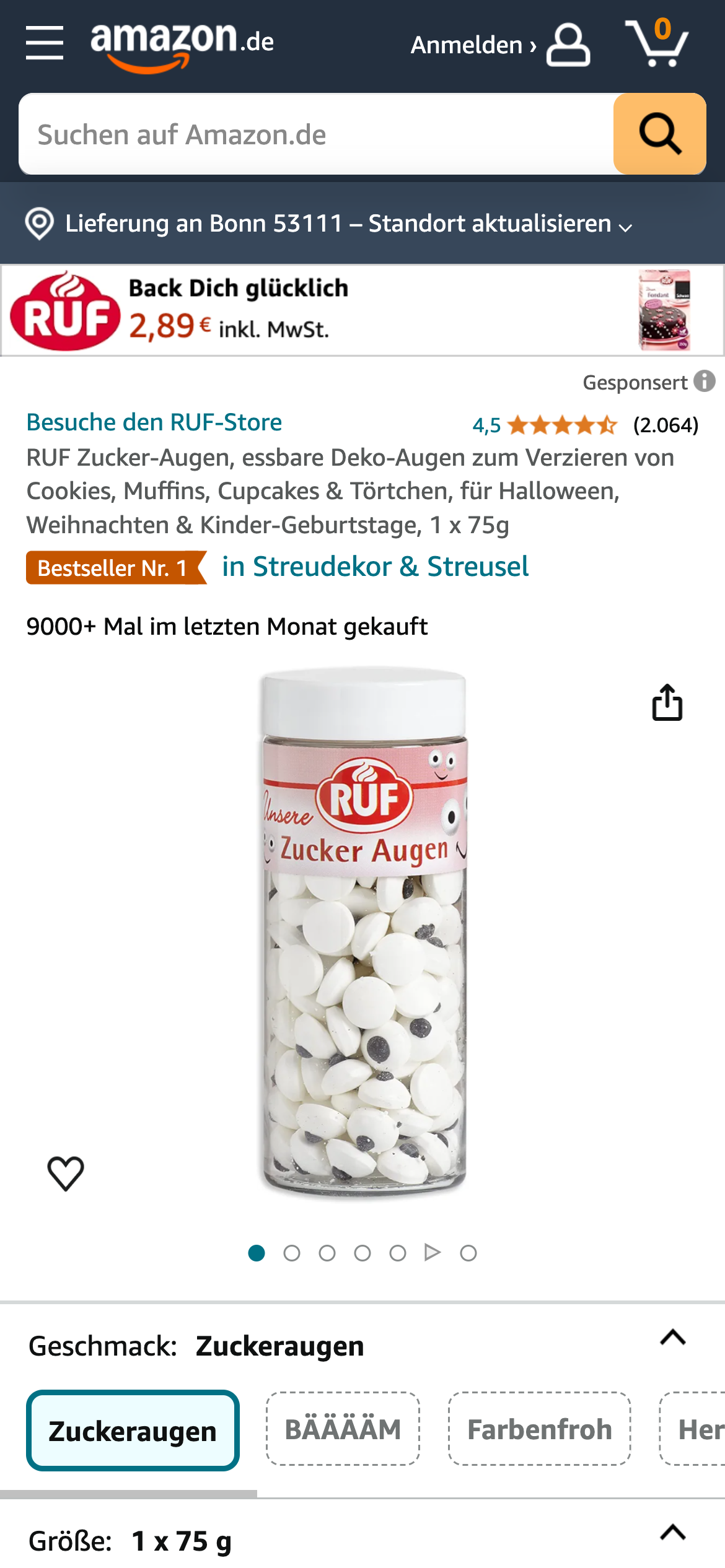 Amazon-Seite für "RUF Zucker-Augen", Bestseller in "Streudekor & Streusel