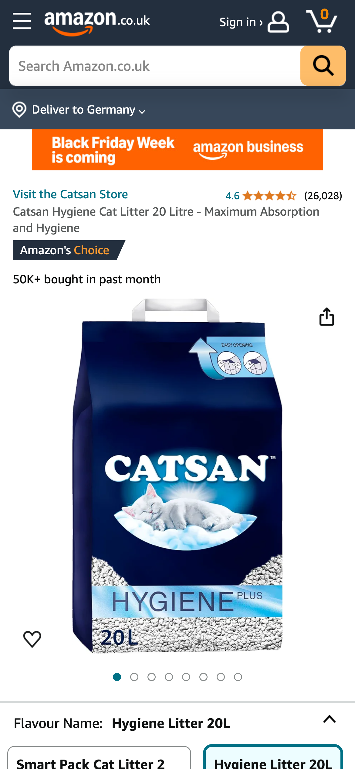 Amazon-Produktseite für Catsan Hygiene Cat Litter (Katzenstreu) 20 Liter, als Amazon's Choice gekennzeichnet, mit einer Bewertung von 4,6 Sternen aus über 26.000 Rezensionen.