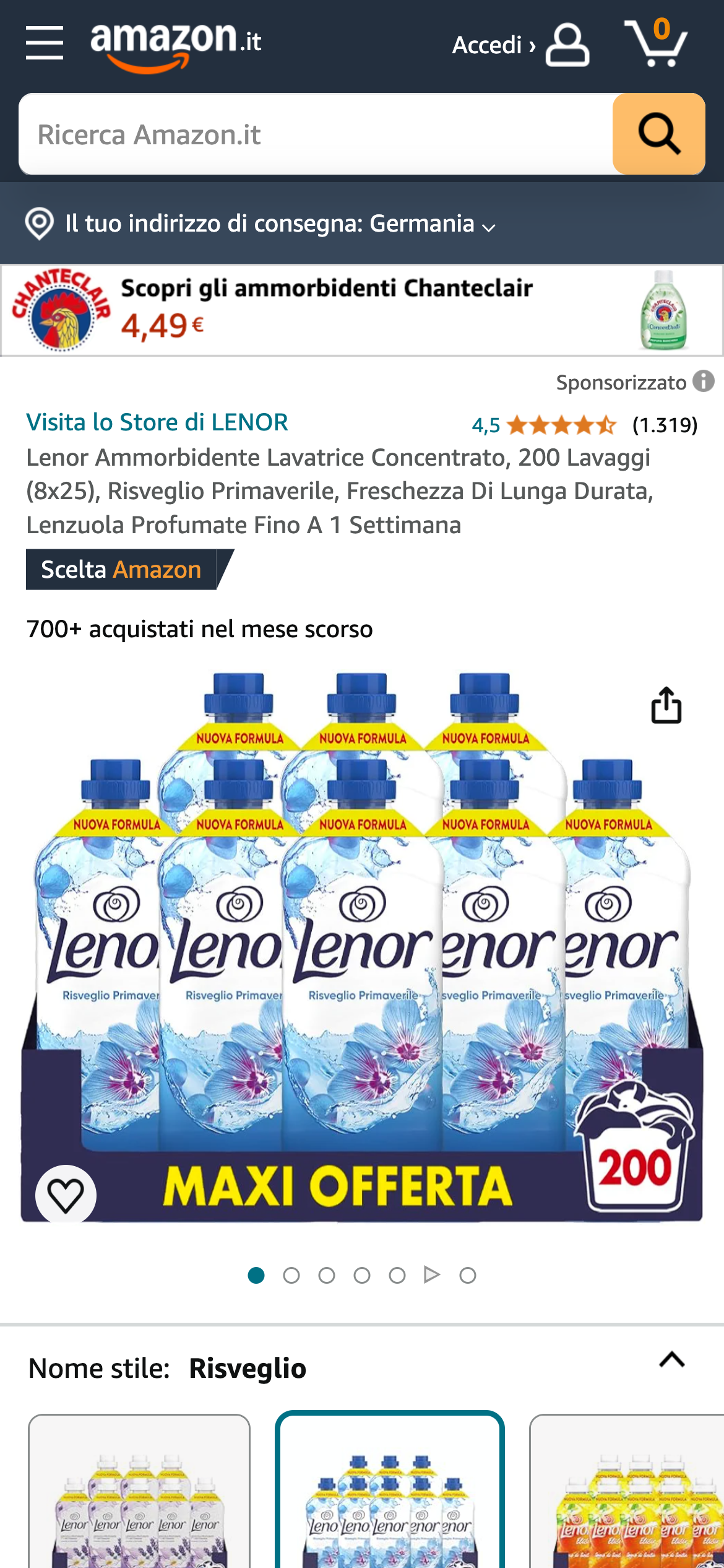 Amazon.it-Produktseite für Lenor Weichspüler im Maxi-Angebot mit 200 Waschgängen. Die Duftvariante „Risveglio Primaverile“ bietet frischen Duft bis zu einer Woche. 4,5 Sterne aus 1.319 Bewertungen.