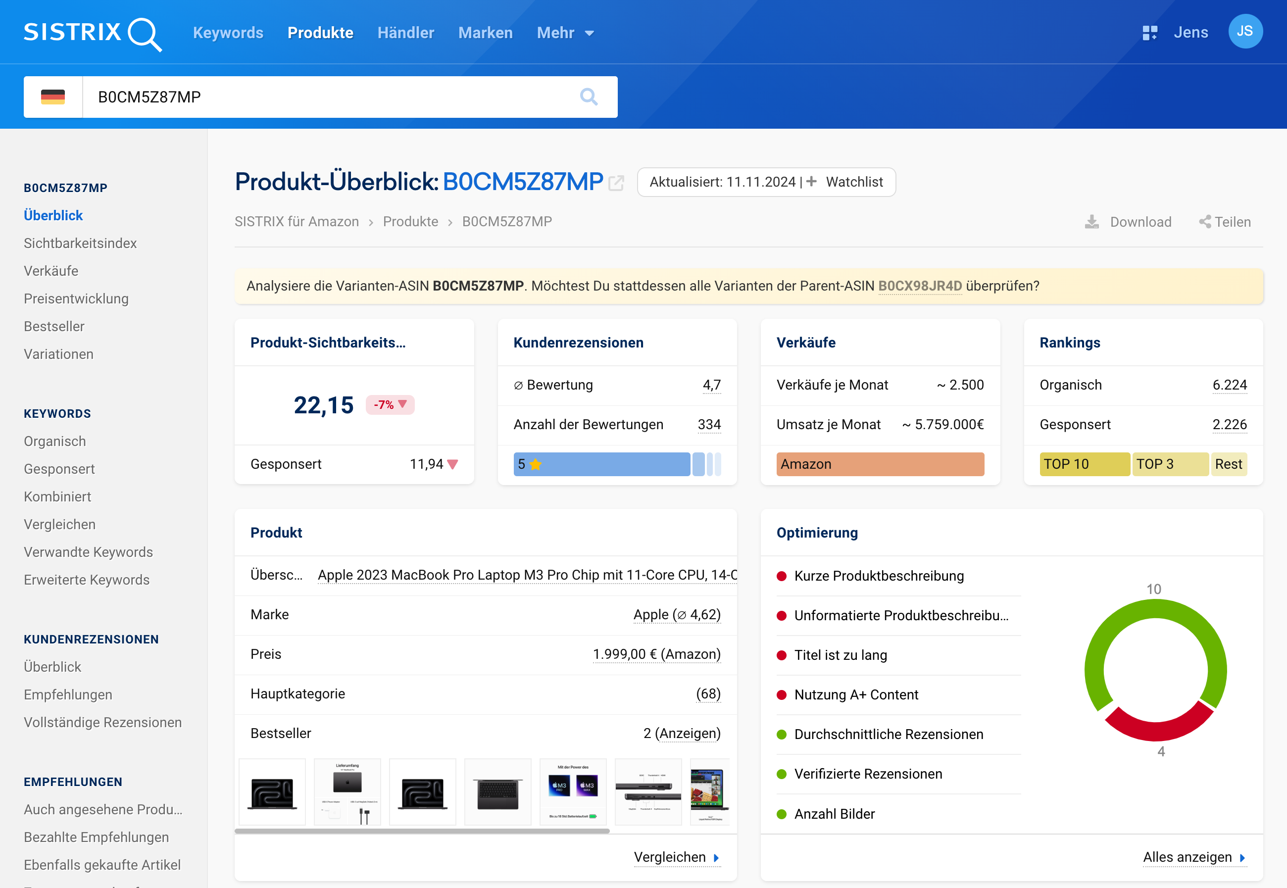 Übersicht der SISTRIX Amazon-Analyse für das MacBook Pro 2023: Sichtbarkeit, Bewertungen, Verkäufe und Optimierungspotenzial.
