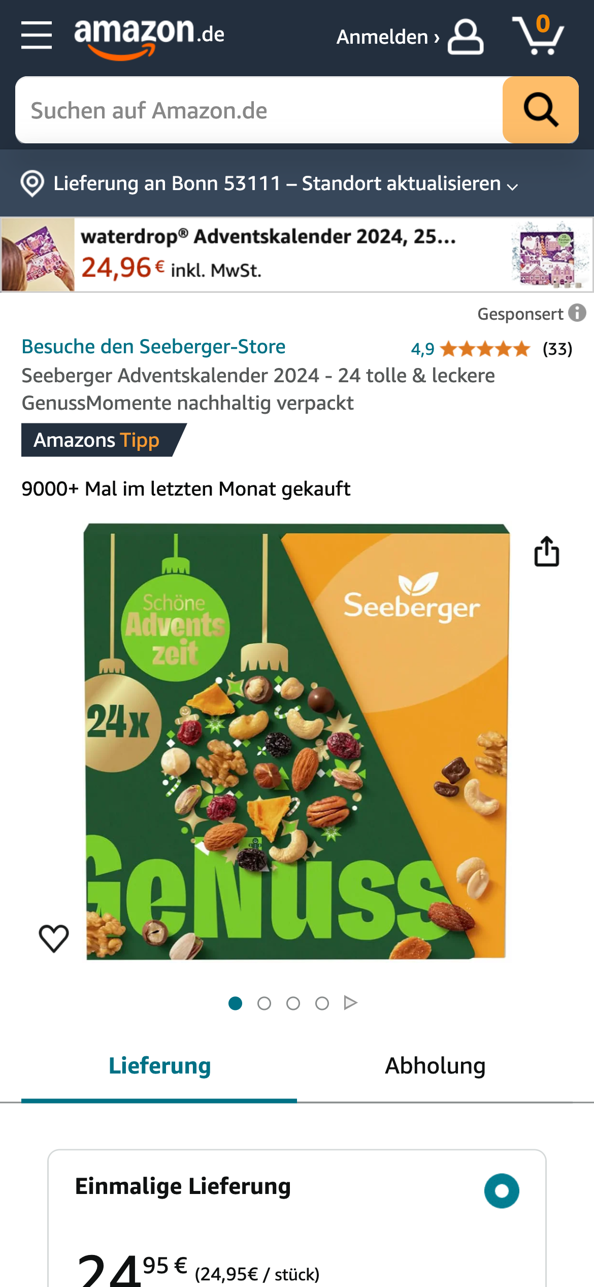 Amazon-Seite für den Seeberger Adventskalender 2024 mit 24 nachhaltigen Genussmomenten.