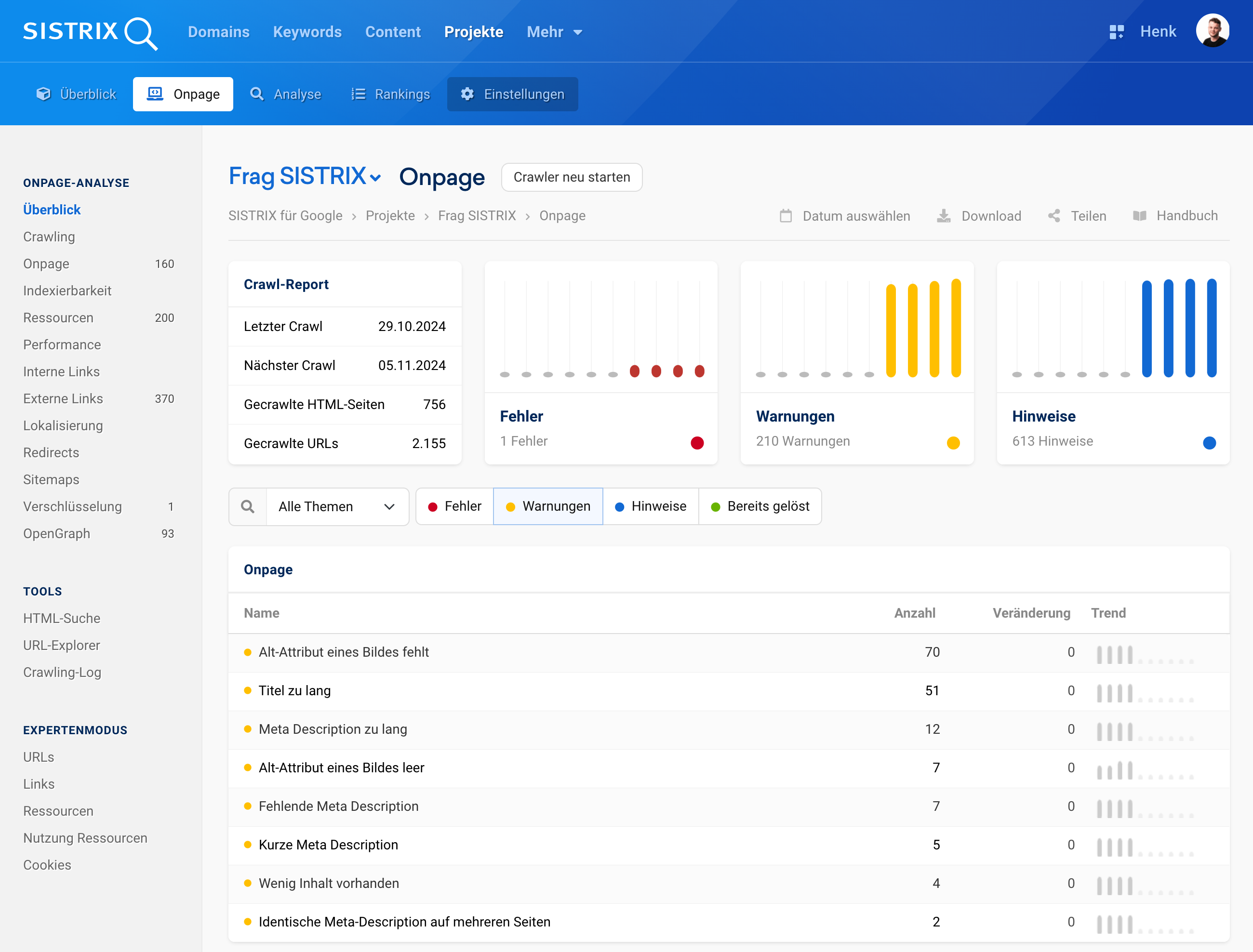 SISTRIX Onpage-Analyse mit Fehlern, Warnungen und Hinweisen für eine Webseite.