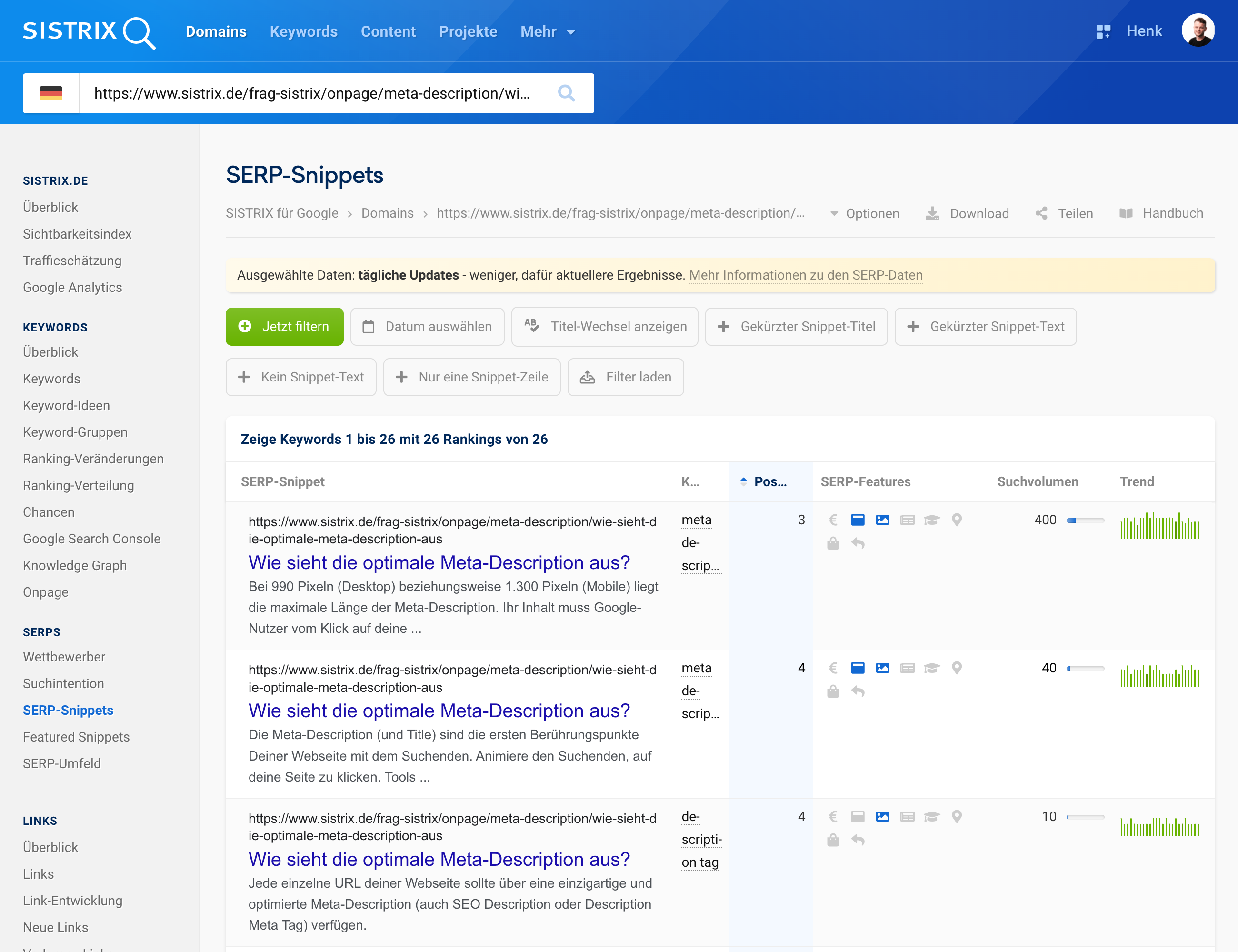 SISTRIX SERP-Snippets-Ansicht mit Rankings und Suchvolumen zur Meta-Description-Optimierung.