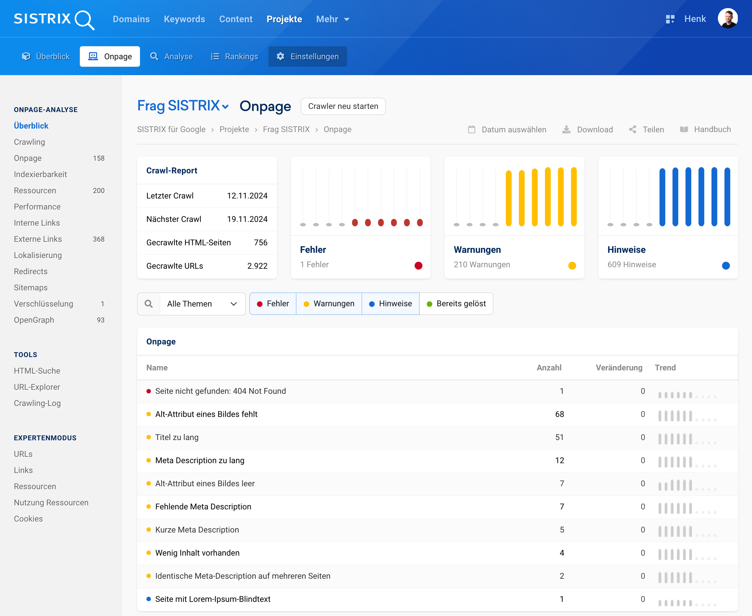 Onpage-Analyse für "Frag SISTRIX": Ein 404-Fehler, 210 Warnungen und 609 Hinweise. Verbesserungspotenzial bei Meta Descriptions, Alt-Attributen und Seiteninhalten.