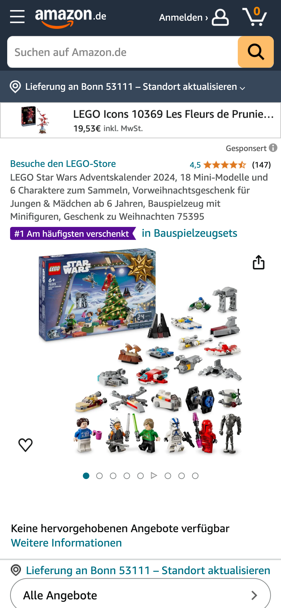 Amazon-Seite für den LEGO Star Wars Adventskalender 2024 mit Mini-Modellen und Charakteren.