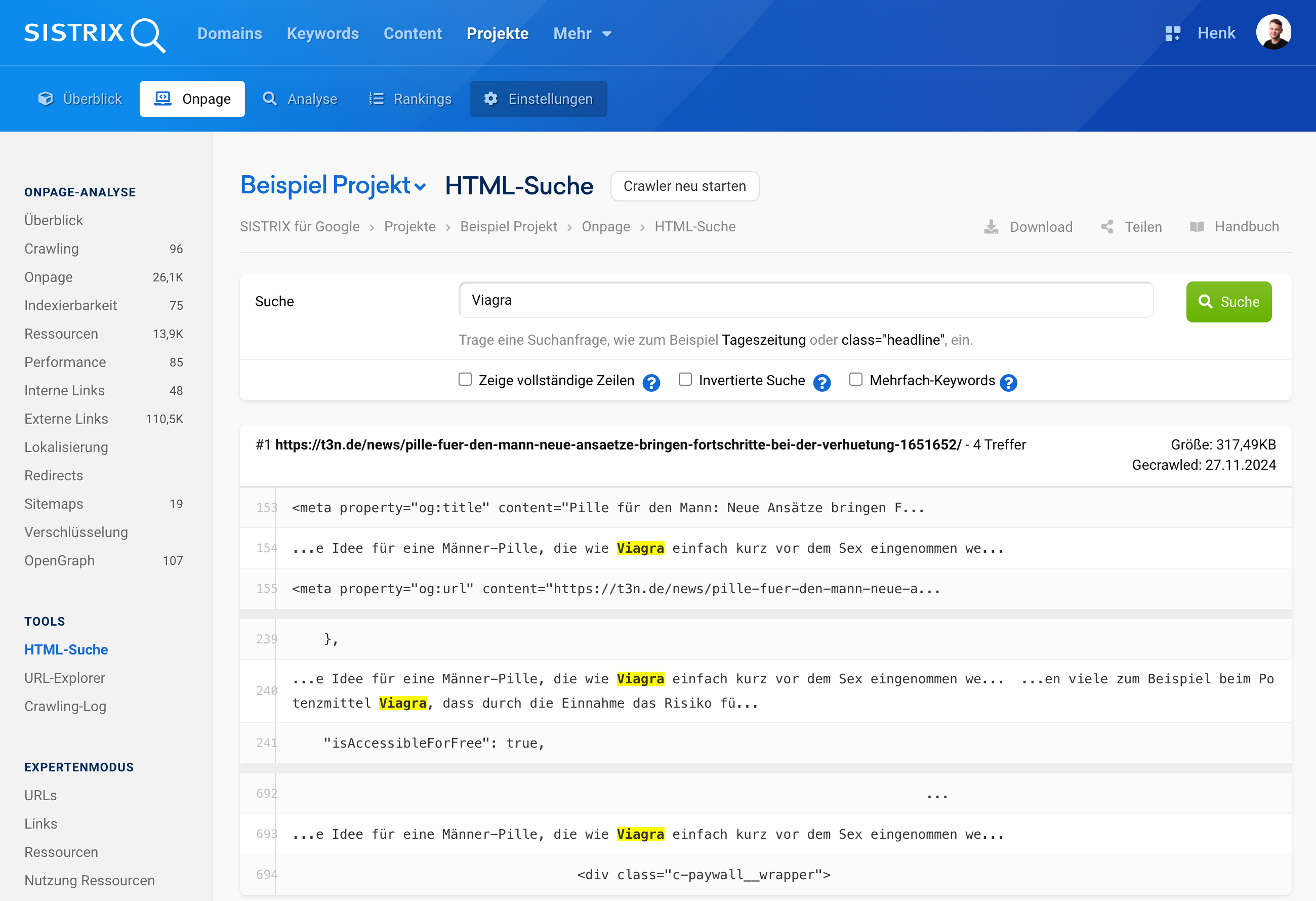 Die SISTRIX HTML-Suche erleichtert das Auffinden spezifischer Inhalte in HTML, z. B. Keywords wie „Viagra“.