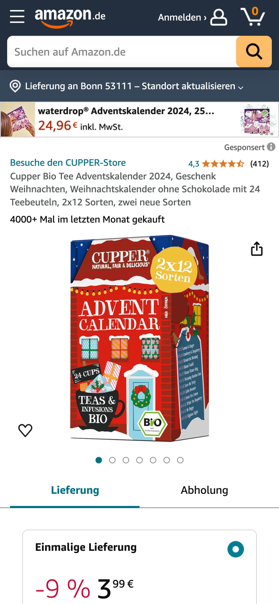 Amazon-Seite für den Cupper Bio Tee Adventskalender 2024 mit 24 Teebeuteln in 2x12 Sorten, ohne Schokolade.