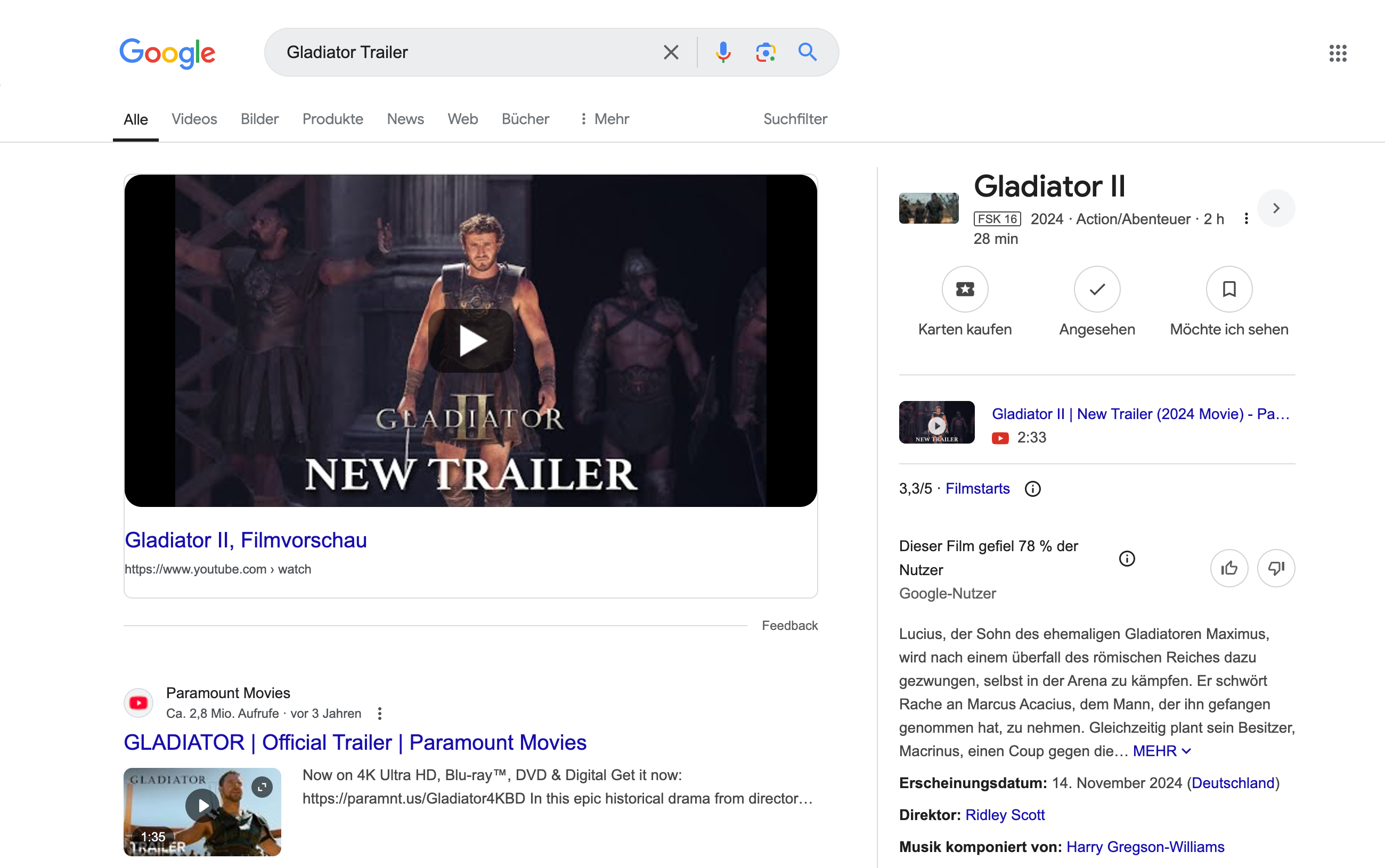 Das Google-Suchergebnis zeigt den Trailer für Gladiator II (2024). Regie: Ridley Scott. Erscheinungstermin: 14. November 2024.