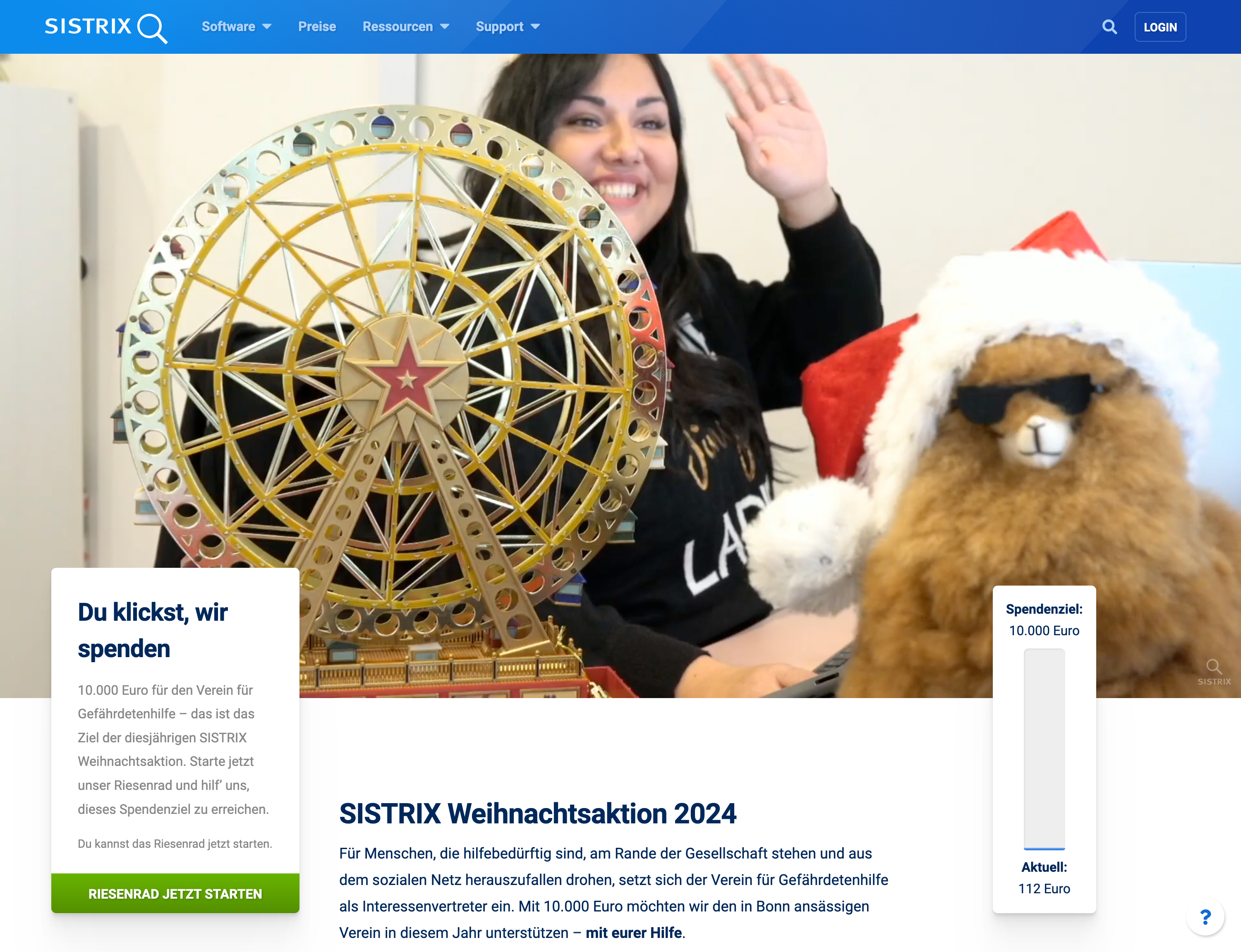 SISTRIX Weihnachtsaktion 2024 mit Spendenziel von 10.000 € und Weihnachtsriesenrad.