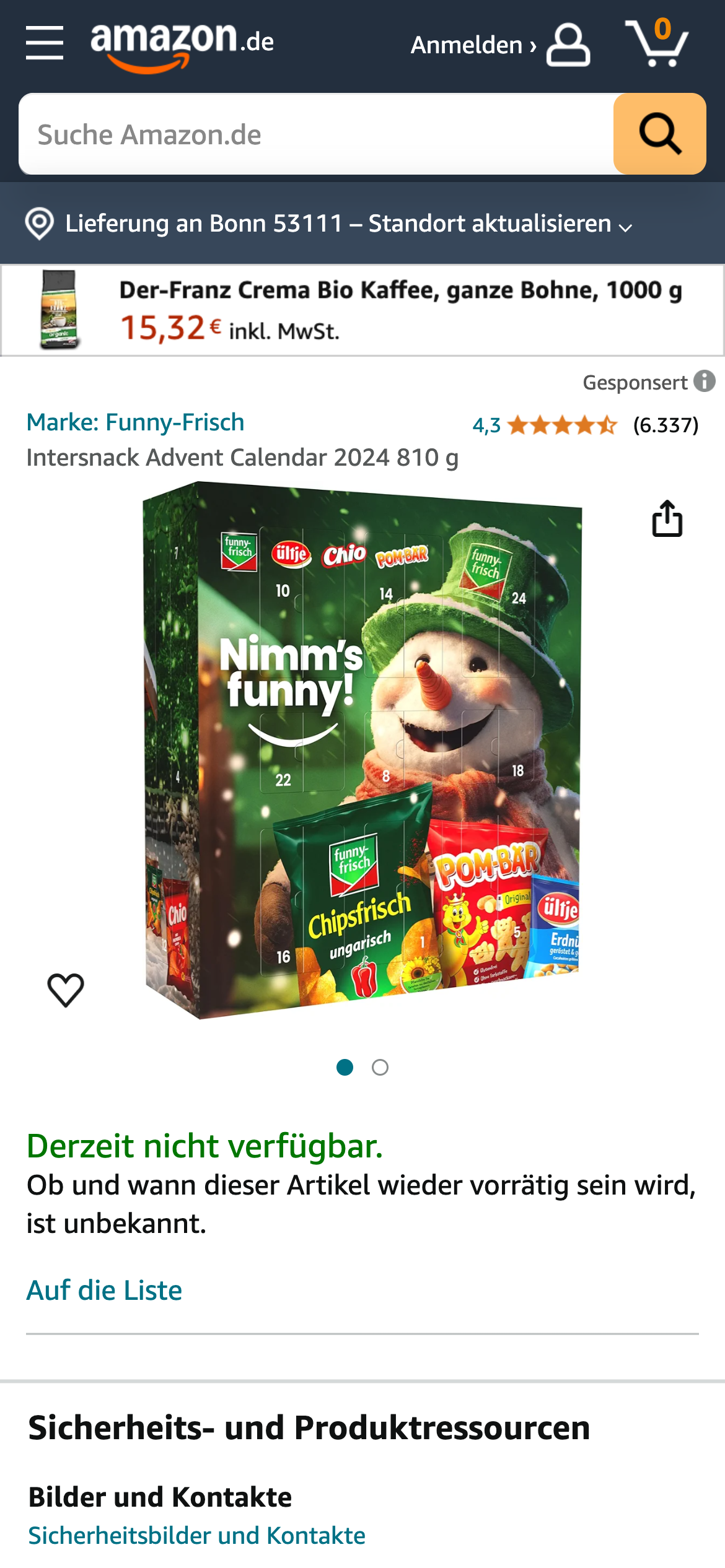 Intersnack Adventskalender 2024 mit Funny-Frisch, Chio, Pom-Bär und Ültje Snacks.