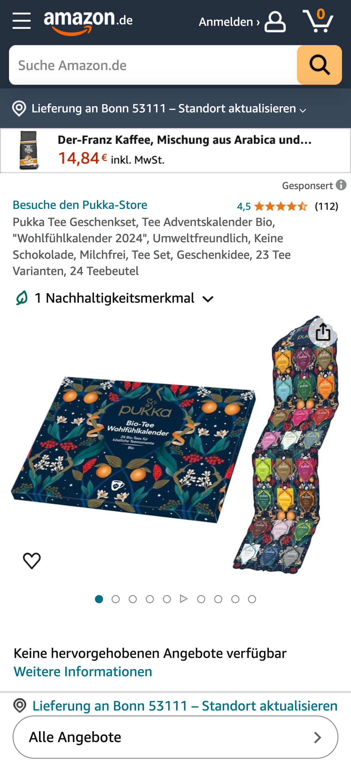 Pukka Bio-Tee Adventskalender 2024 mit 24 Teesorten – nachhaltig und milchfrei.