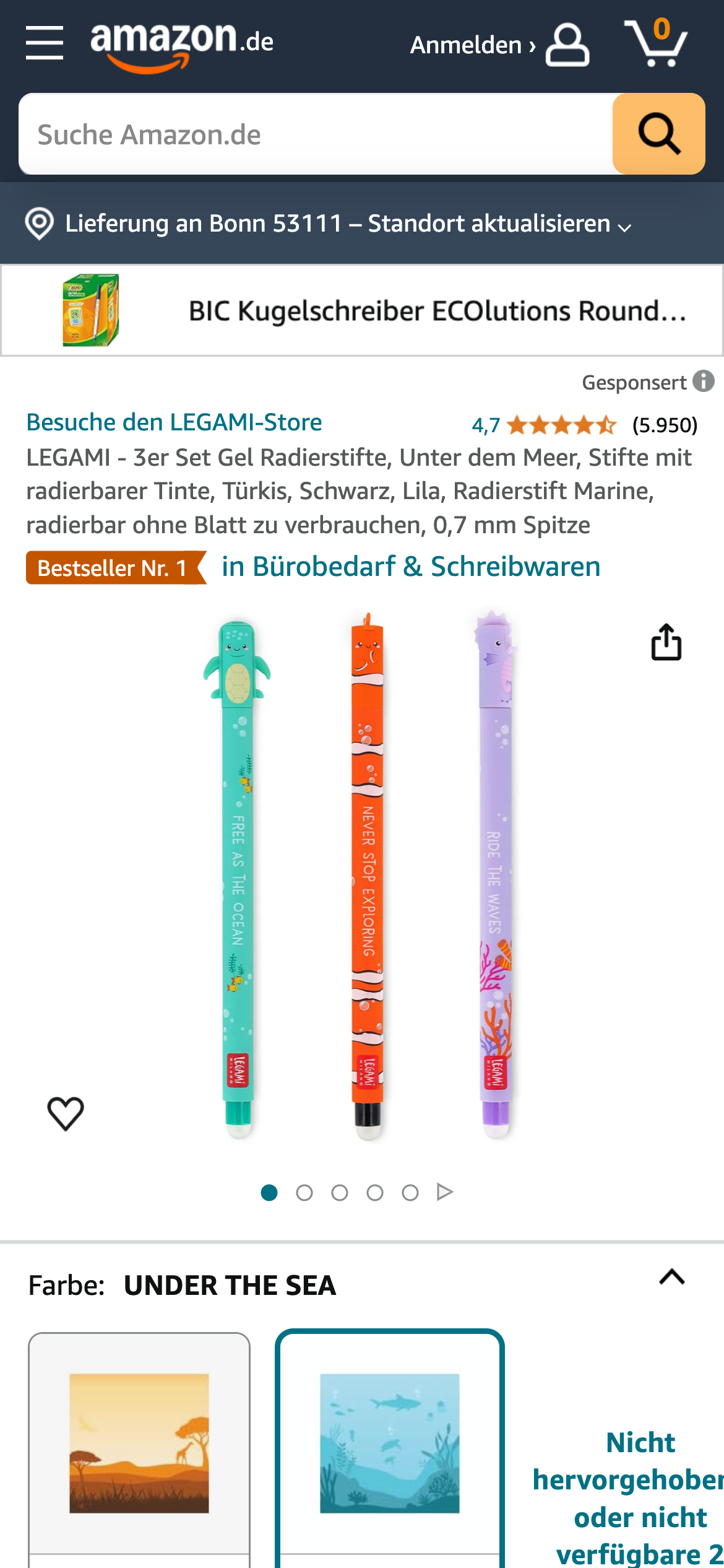 LEGAMI Gel-Radierstifte im 3er-Set, Bestseller Nr. 1 in Bürobedarf & Schreibwaren, radierbare Tinte in Türkis, Schwarz und Lila.