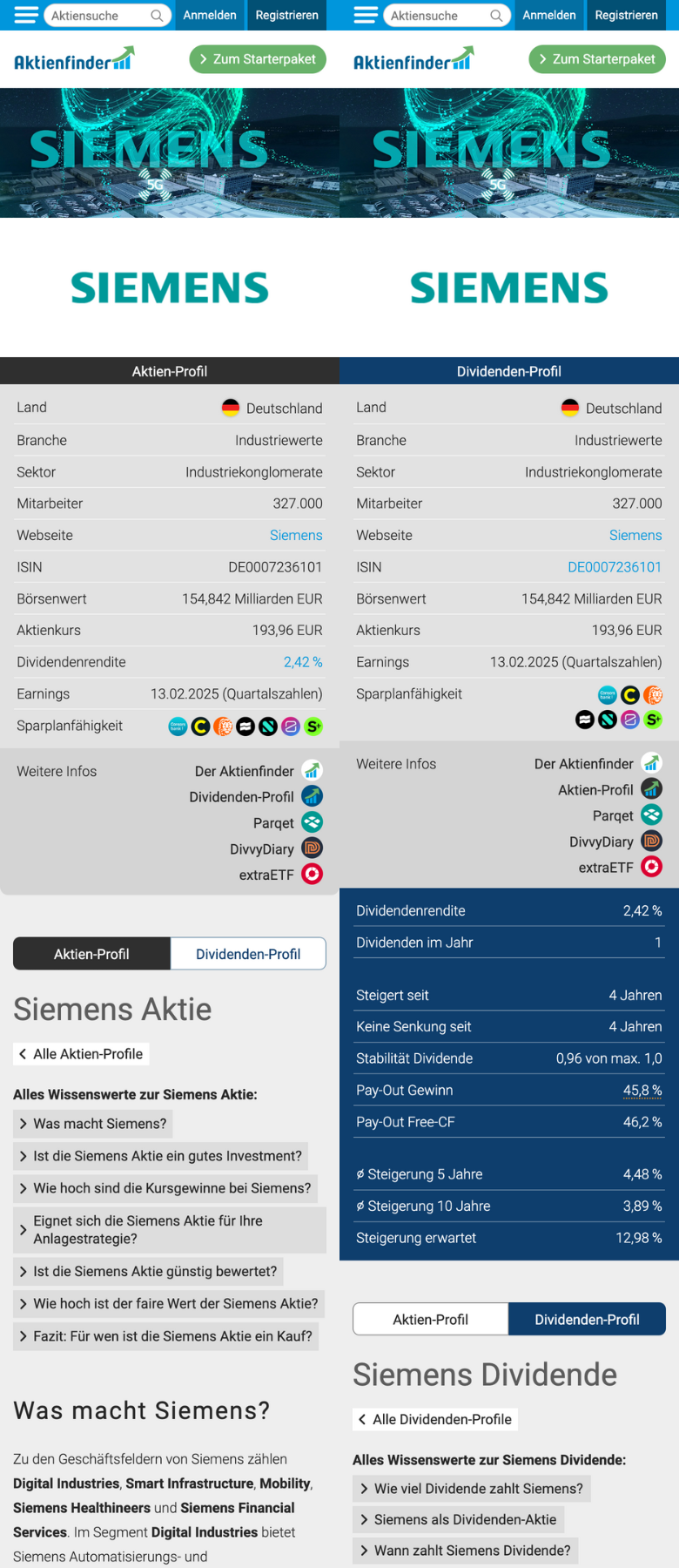 Vergleich der Aktienfinder-Ansichten für die Siemens-Aktie: Aktien-Profil links mit detaillierten Informationen zu Branche, Mitarbeiterzahl, Börsenwert, Aktienkurs und Dividendenrendite. Dividenden-Profil rechts mit Fokus auf Dividendendetails, einschließlich Stabilität, Steigerung und Payout-Raten.