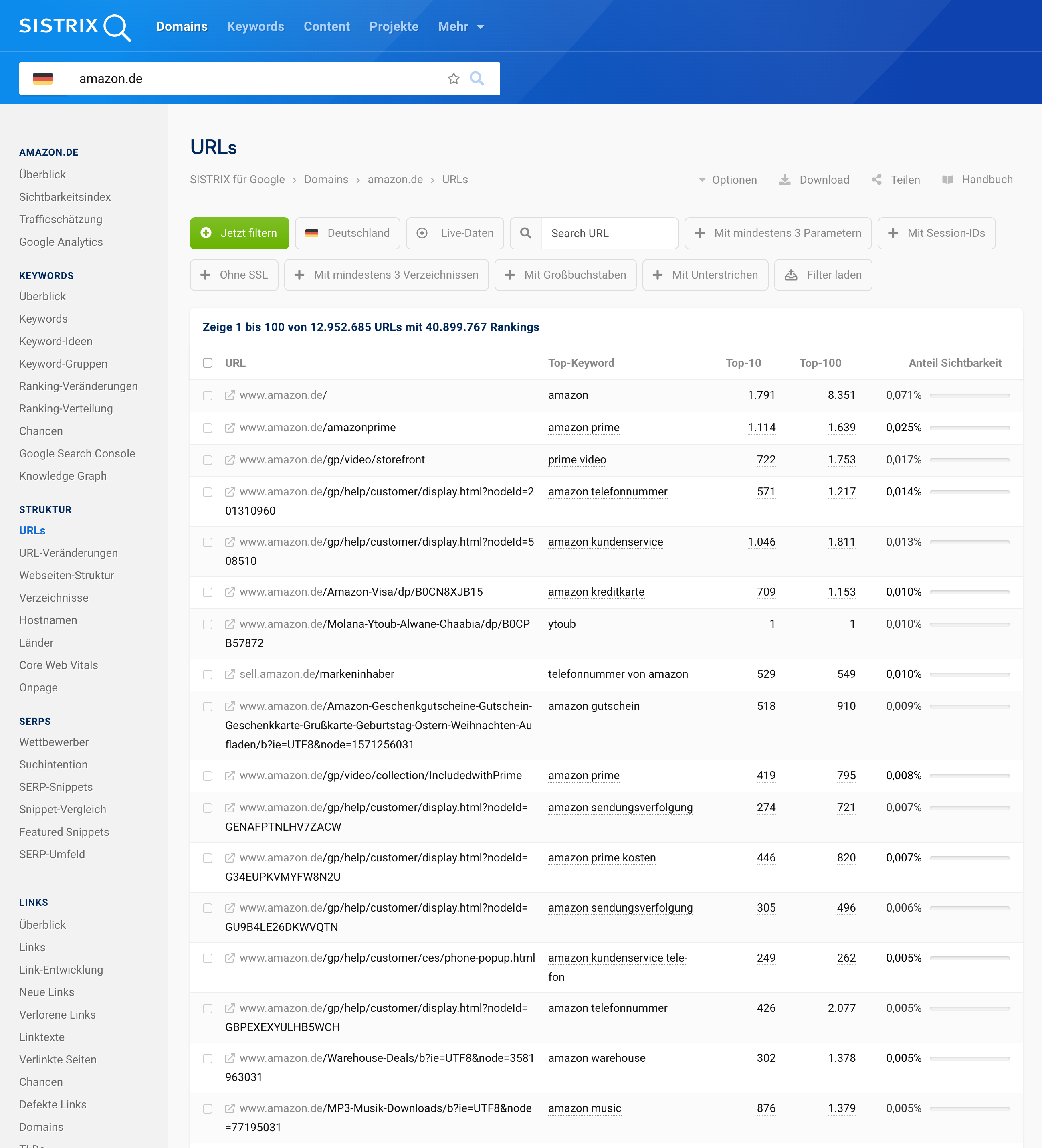 Screenshot der SISTRIX-Ansicht für die URLs von Amazon.de mit einer Liste der Top-Keywords und Rankings, sortiert nach Sichtbarkeitsanteil.
