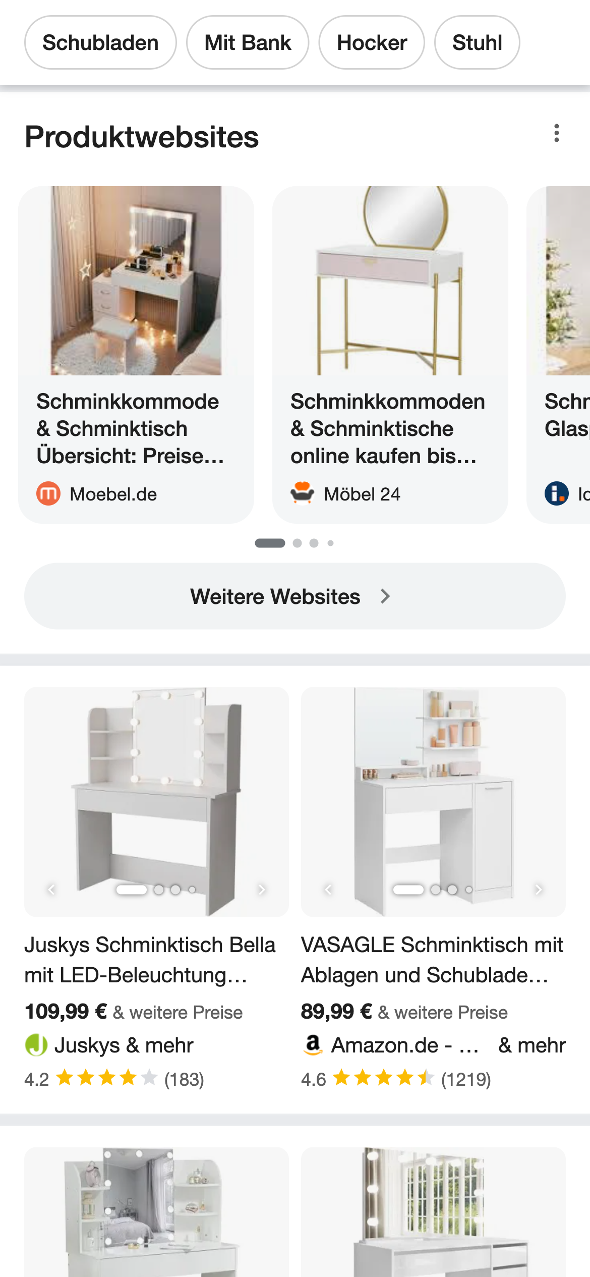 Google-Suchergebnis für "Schminktisch" mit Produktdarstellungen: Oben Links Schminkkommode von Moebel.de, daneben Schminkkommode von Möbel24. Darunter Jusky Schminktisch Bella mit LED und Vasagle Schminktisch mit Ablagen und Schublade, jeweils mit Preisen und Bewertungen.