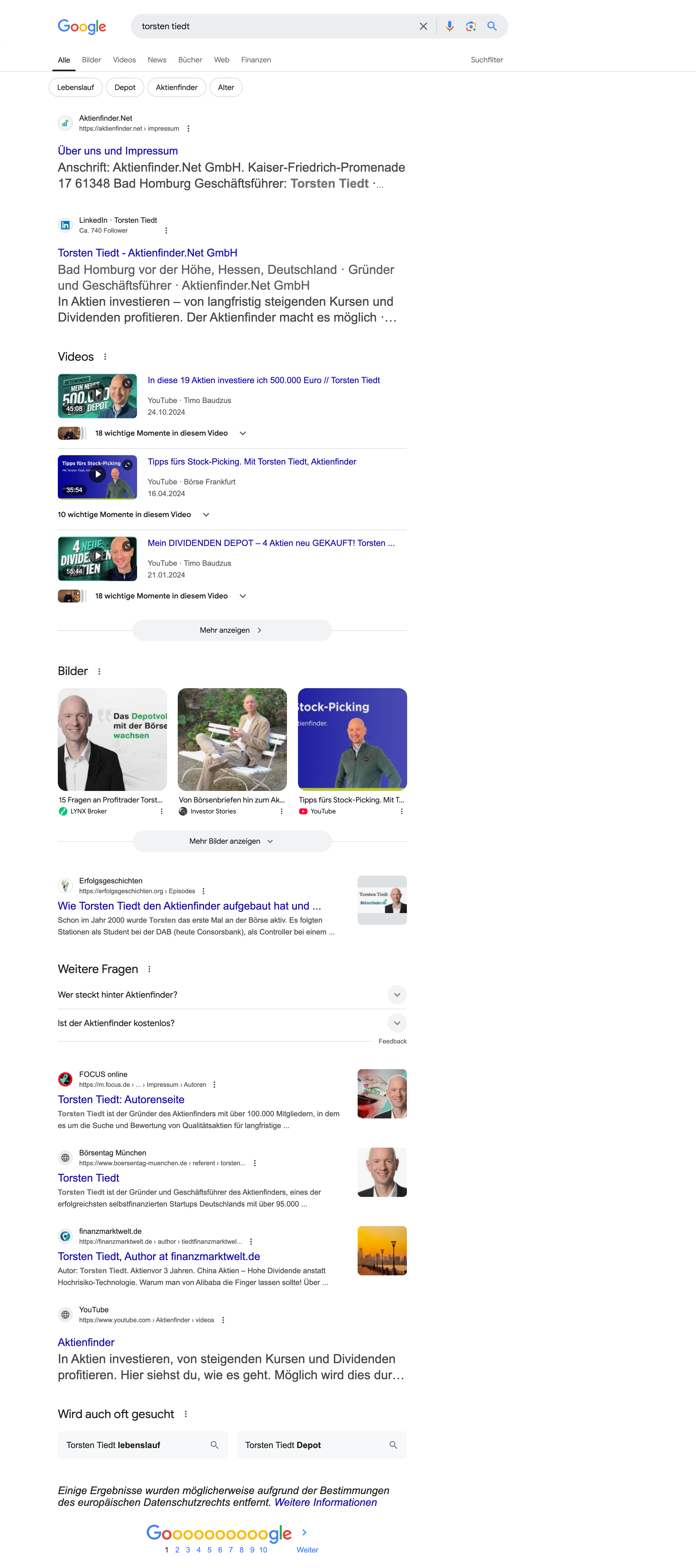 Suchergebnisse für Torsten Tiedt: Informationen über den Gründer von Aktienfinder.Net, darunter Links zu seinem LinkedIn-Profil, YouTube-Videos, und Artikeln über seine Expertise im Aktienmarkt. Sichtbarkeit auf Plattformen wie Börse Frankfurt und Finanzmarktwelt.